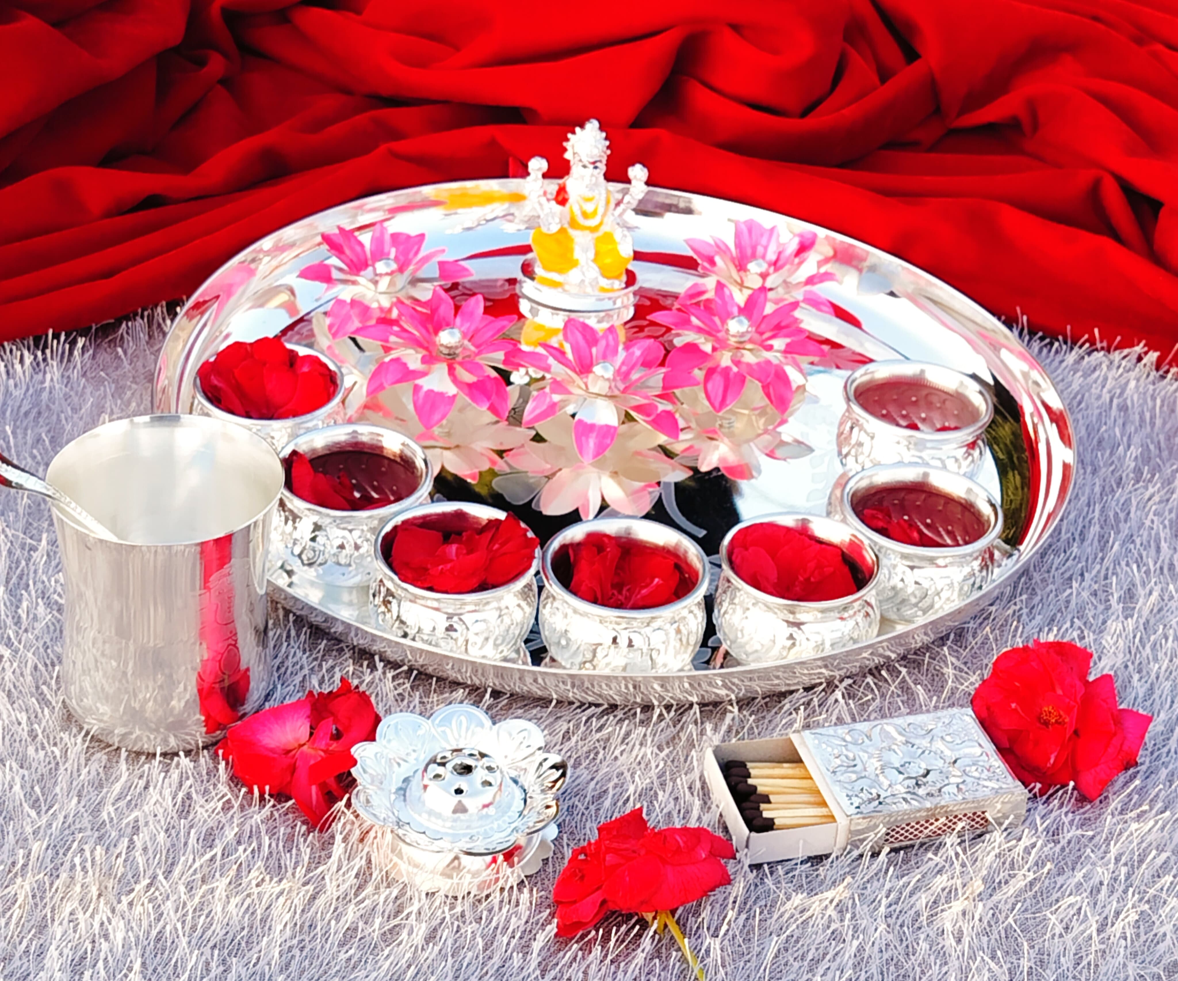 German silver pooja thali set with Lakshmi idol for Diwali pooja/housewarming pooja