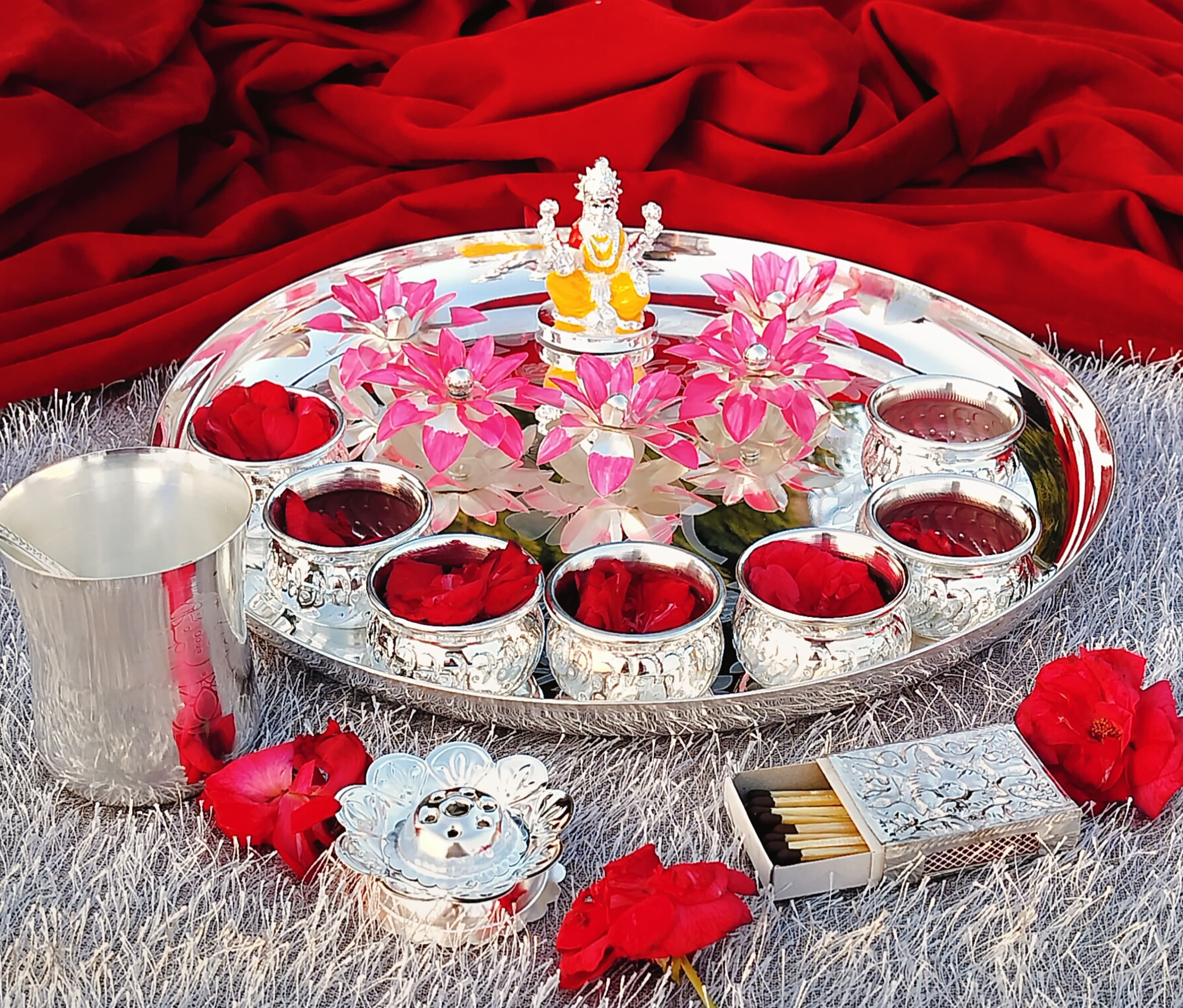 German silver pooja thali set with Lakshmi idol for Diwali pooja/housewarming pooja