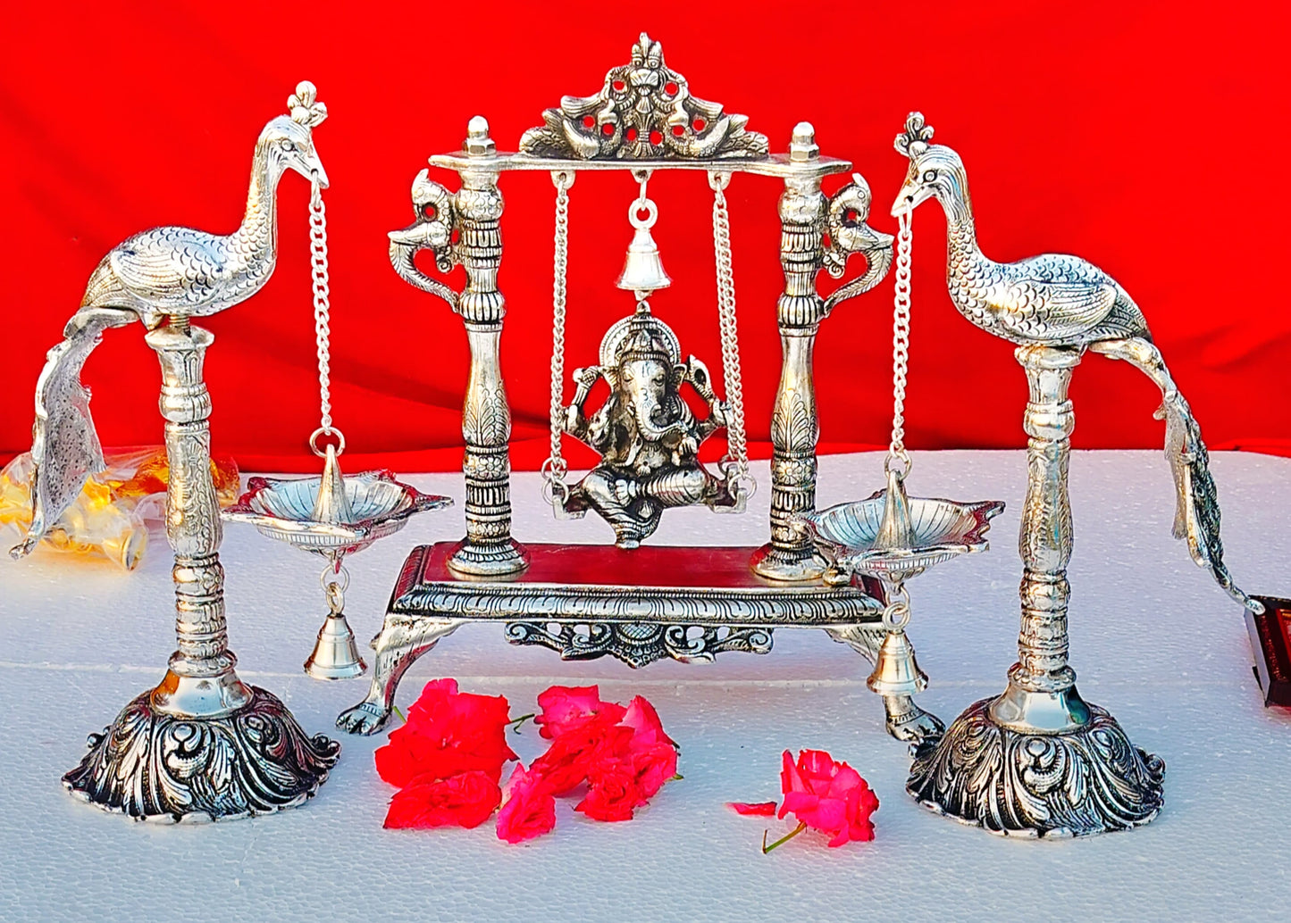 Antique finish German silver Ganesh jhula with peacock lamp combo diwali decor