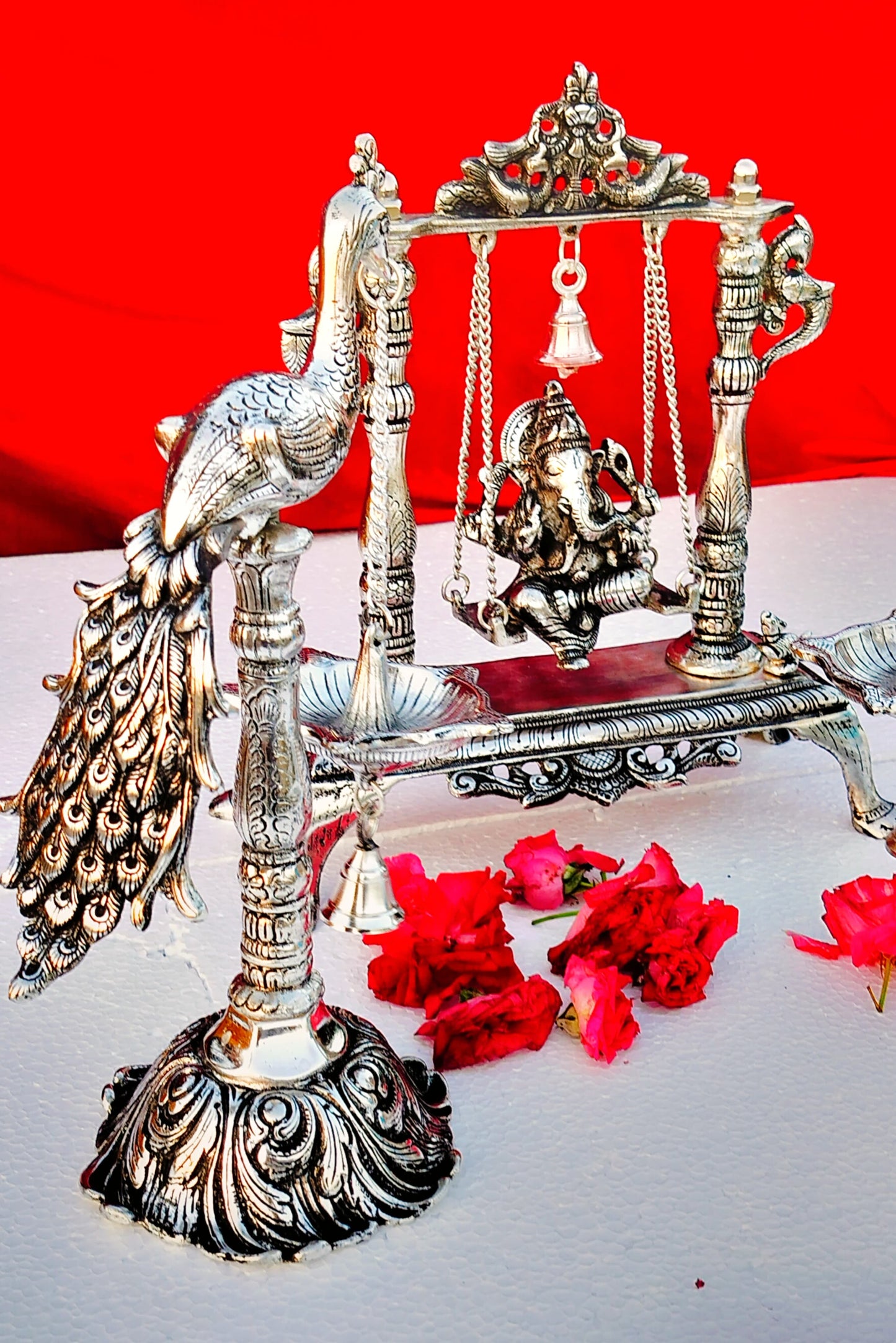 Antique finish German silver Ganesh jhula with peacock lamp combo diwali decor