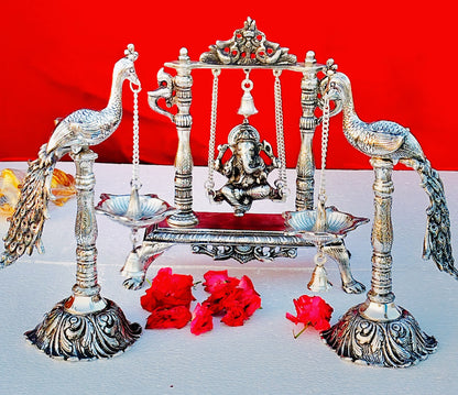 Antique finish German silver Ganesh jhula with peacock lamp combo diwali decor