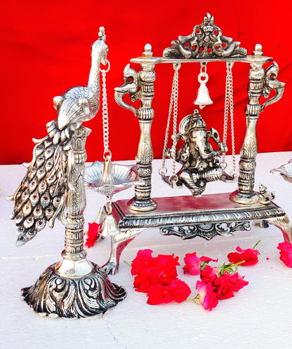 Antique finish German silver Ganesh jhula with peacock lamp combo diwali decor