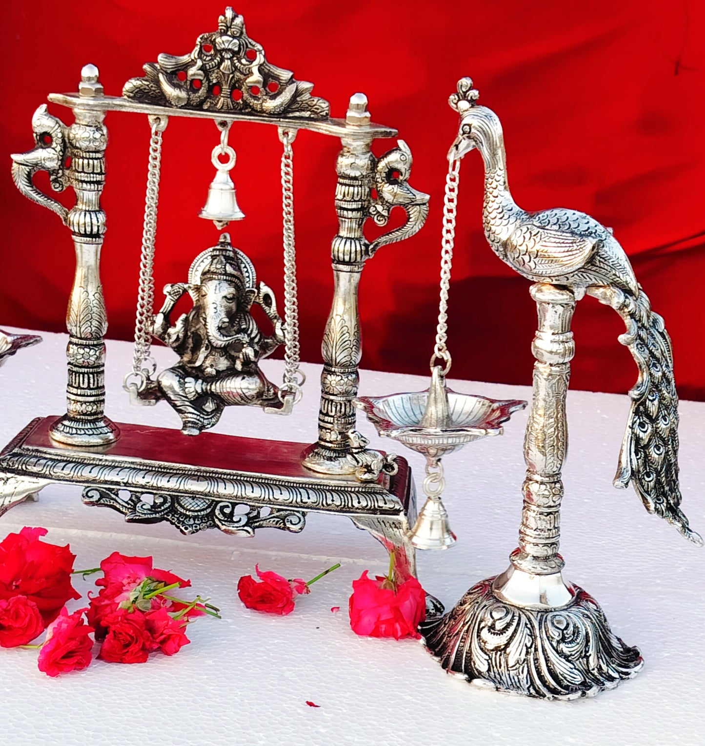 Antique finish German silver Ganesh jhula with peacock lamp combo diwali decor