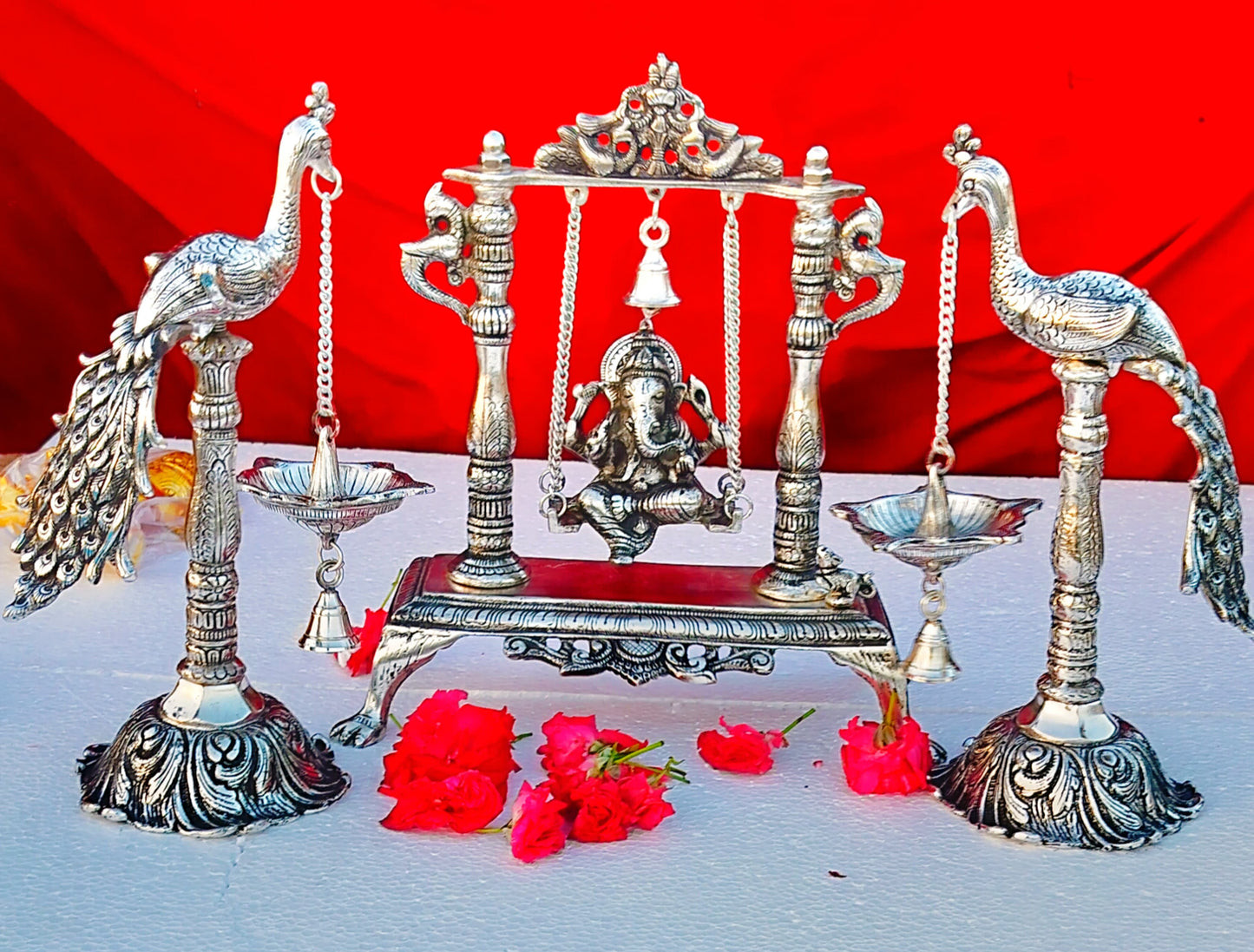 Antique finish German silver Ganesh jhula with peacock lamp combo diwali decor