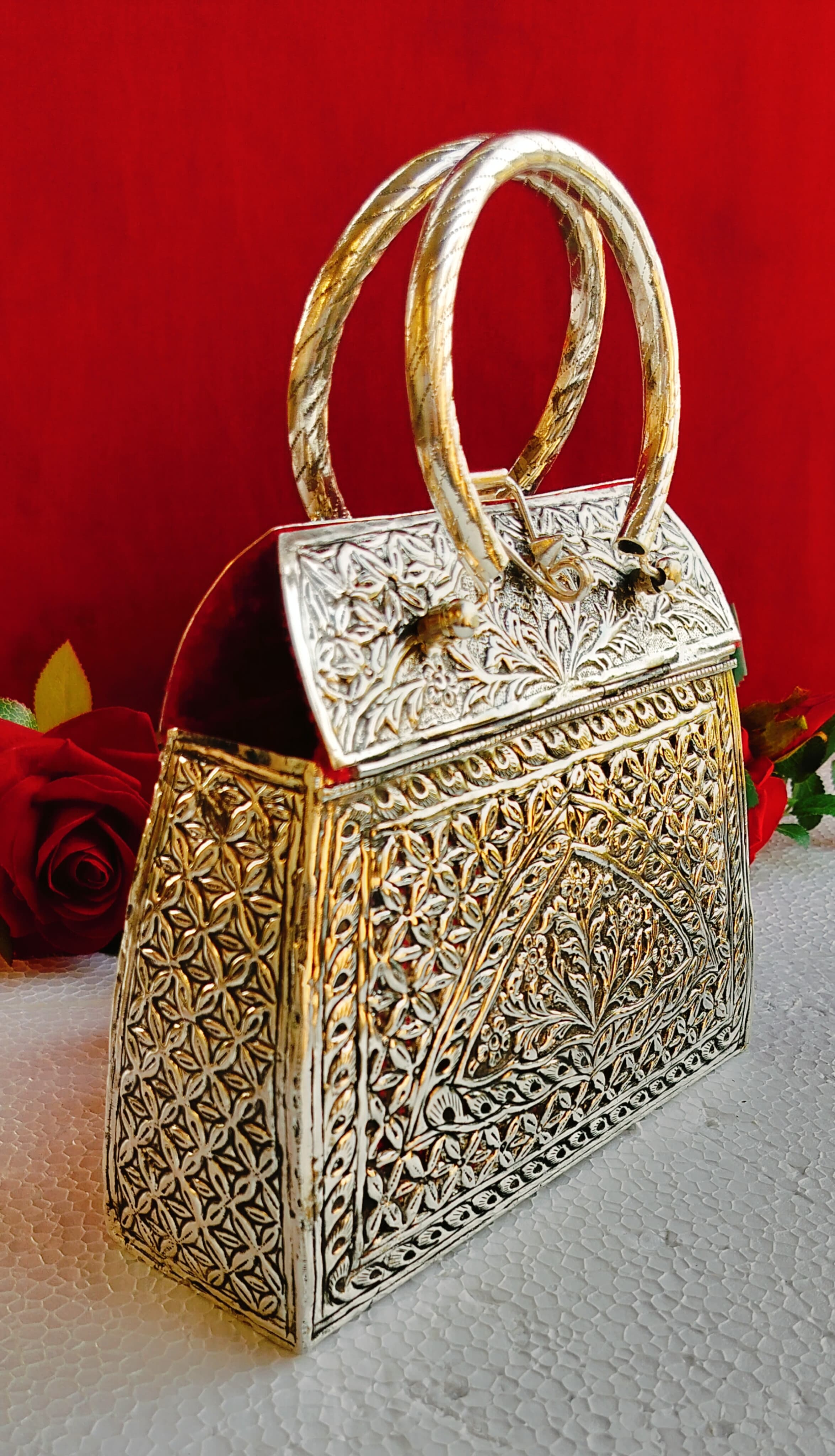 German silver antique finish new design handle clutch/purse for gift