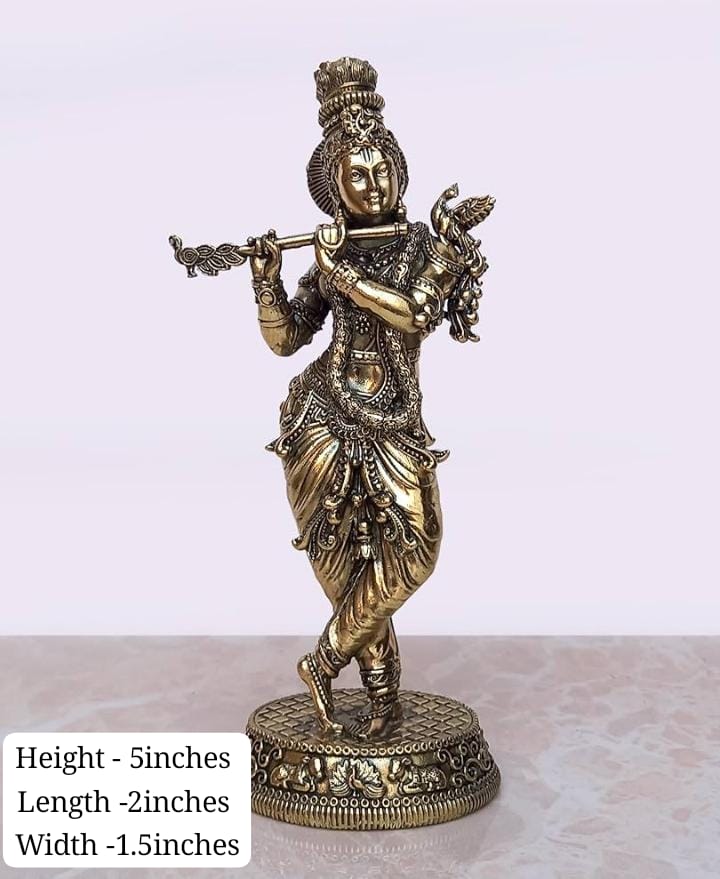 Brass Krishna Idol Playing Flute – Divine Symbol of Love, Harmony & Prosperity for Pooja & Décor