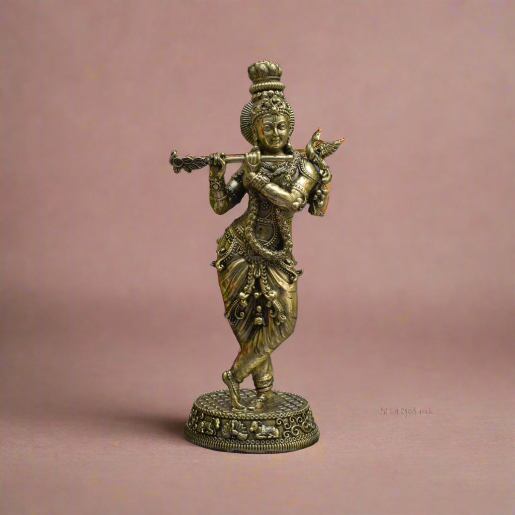 Brass Krishna Idol Playing Flute – Divine Symbol of Love, Harmony & Prosperity for Pooja & Décor
