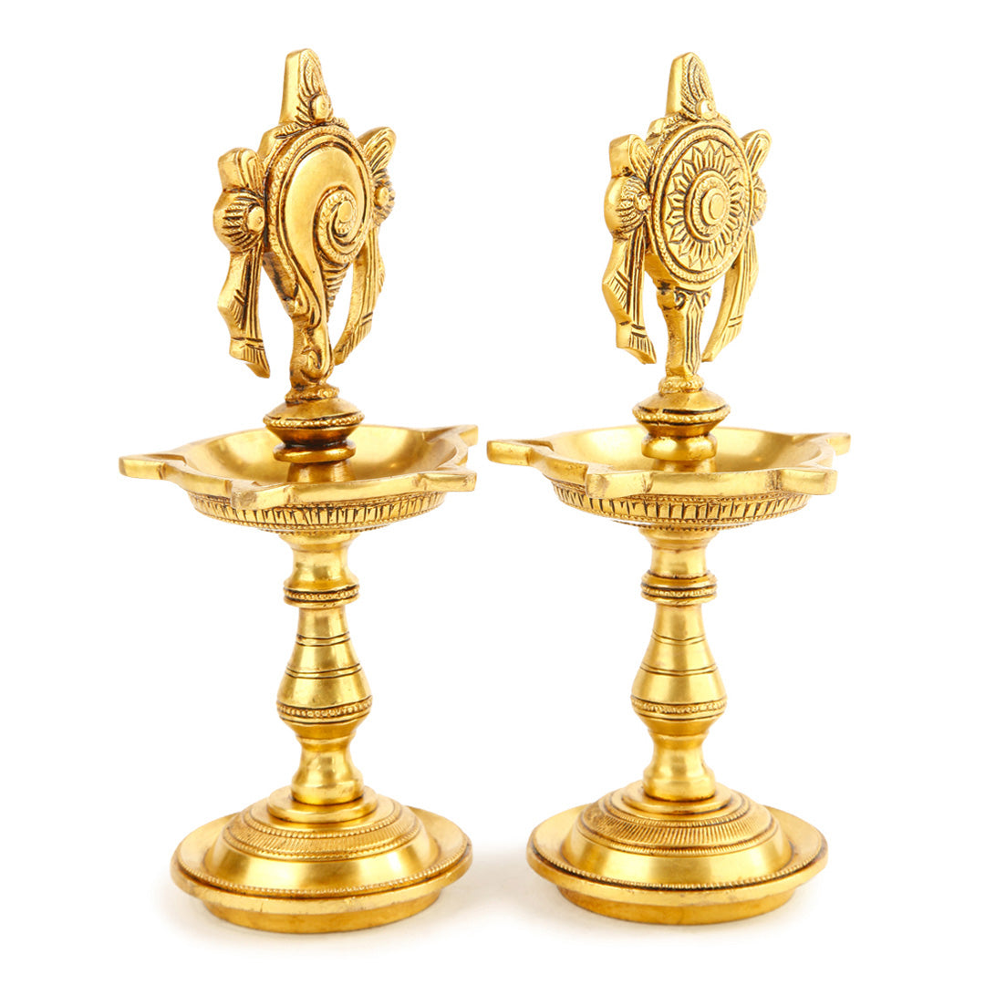 Divine Brass Shanku Chakra Diya – Handcrafted Oil Lamp for Pooja & Festive Décor