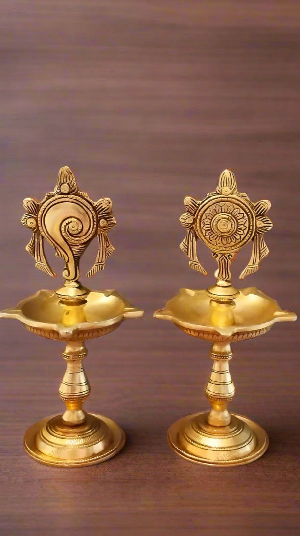 Divine Brass Shanku Chakra Diya – Handcrafted Oil Lamp for Pooja & Festive Décor