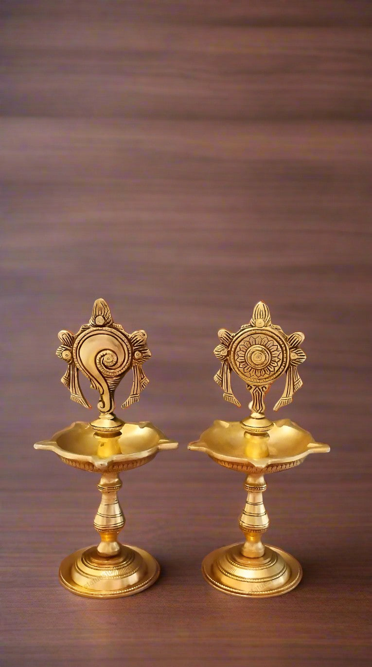 Divine Brass Shanku Chakra Diya – Handcrafted Oil Lamp for Pooja & Festive Décor