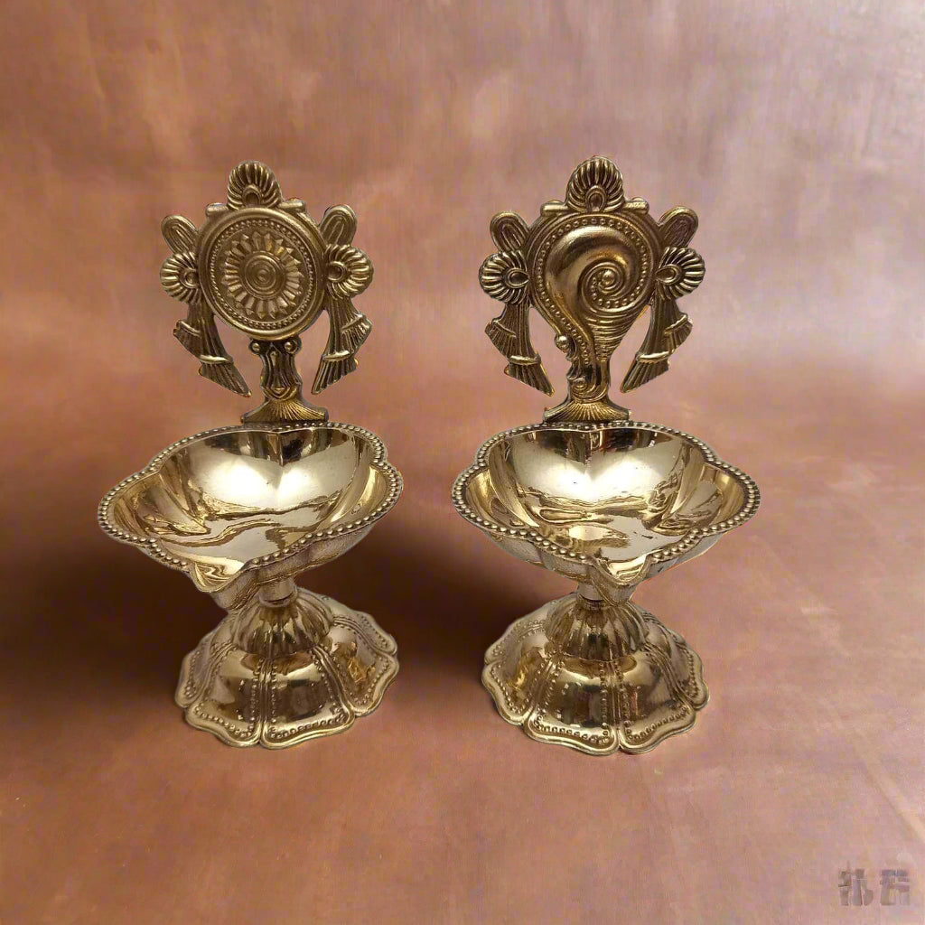 Brass Shanku Chakra Diya Set – Sacred Vishnu Symbol Oil Lamps for Pooja & Décor (Set of 2)