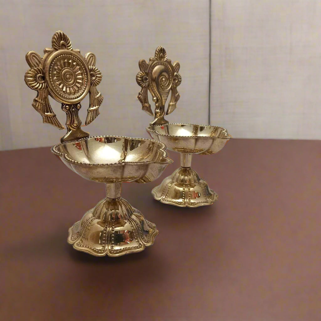 Brass Shanku Chakra Diya Set – Sacred Vishnu Symbol Oil Lamps for Pooja & Décor (Set of 2)