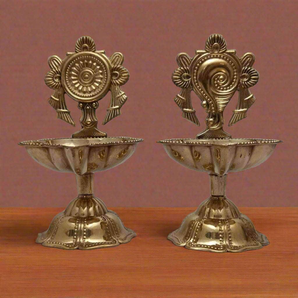 Brass Shanku Chakra Diya Set – Sacred Vishnu Symbol Oil Lamps for Pooja & Décor (Set of 2)