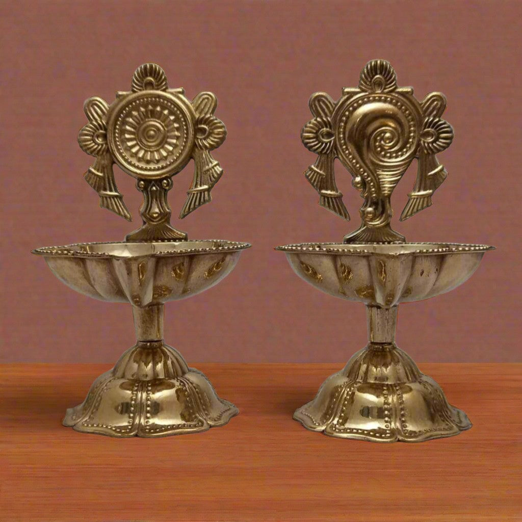 Brass Shanku Chakra Diya Set – Sacred Vishnu Symbol Oil Lamps for Pooja & Décor (Set of 2)