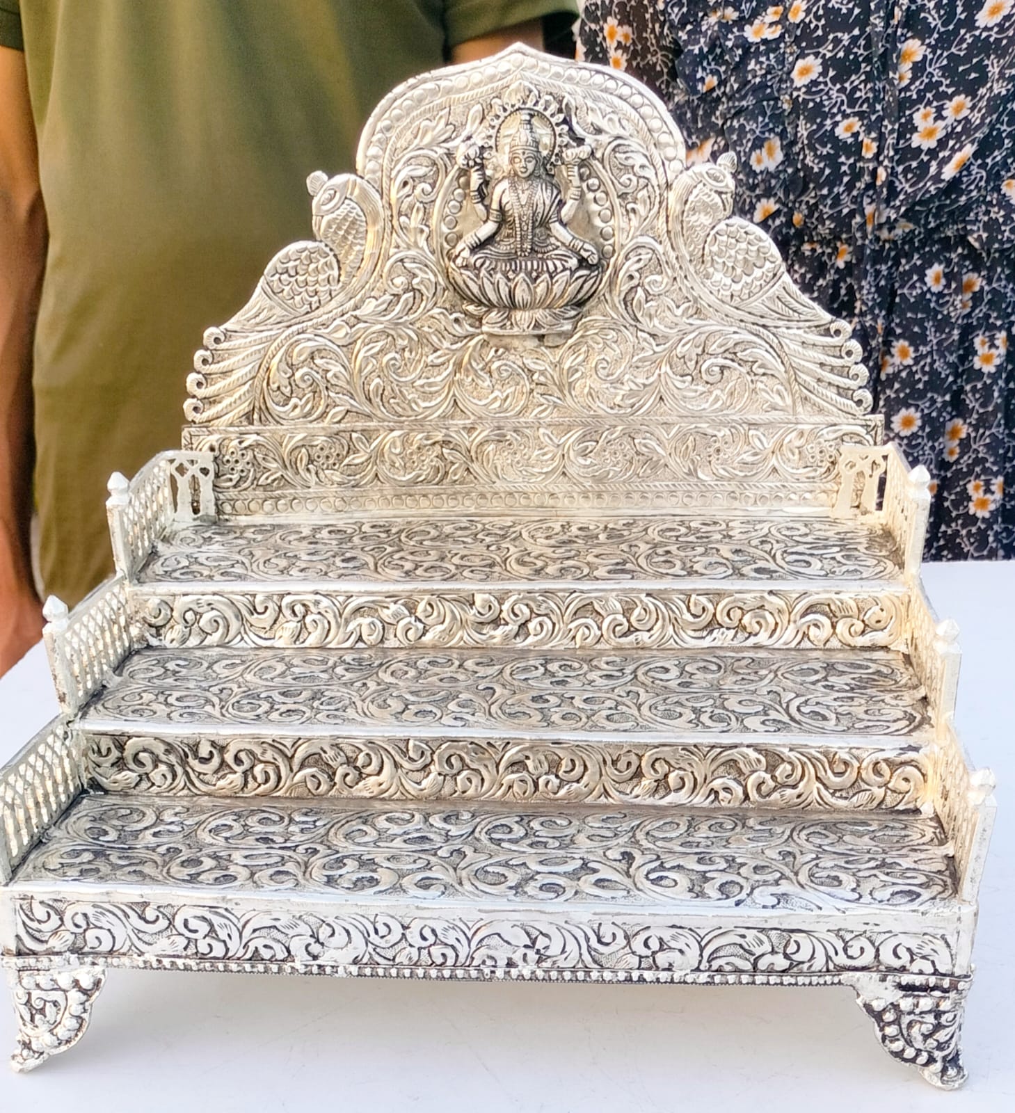German Silver Laxmi 3 Step Sing Hasan with Railing Fully Carved for Many Idols Ideal
