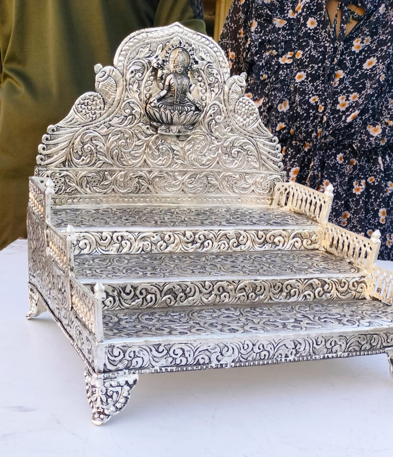 German Silver Laxmi 3 Step Sing Hasan with Railing Fully Carved for Many Idols Ideal