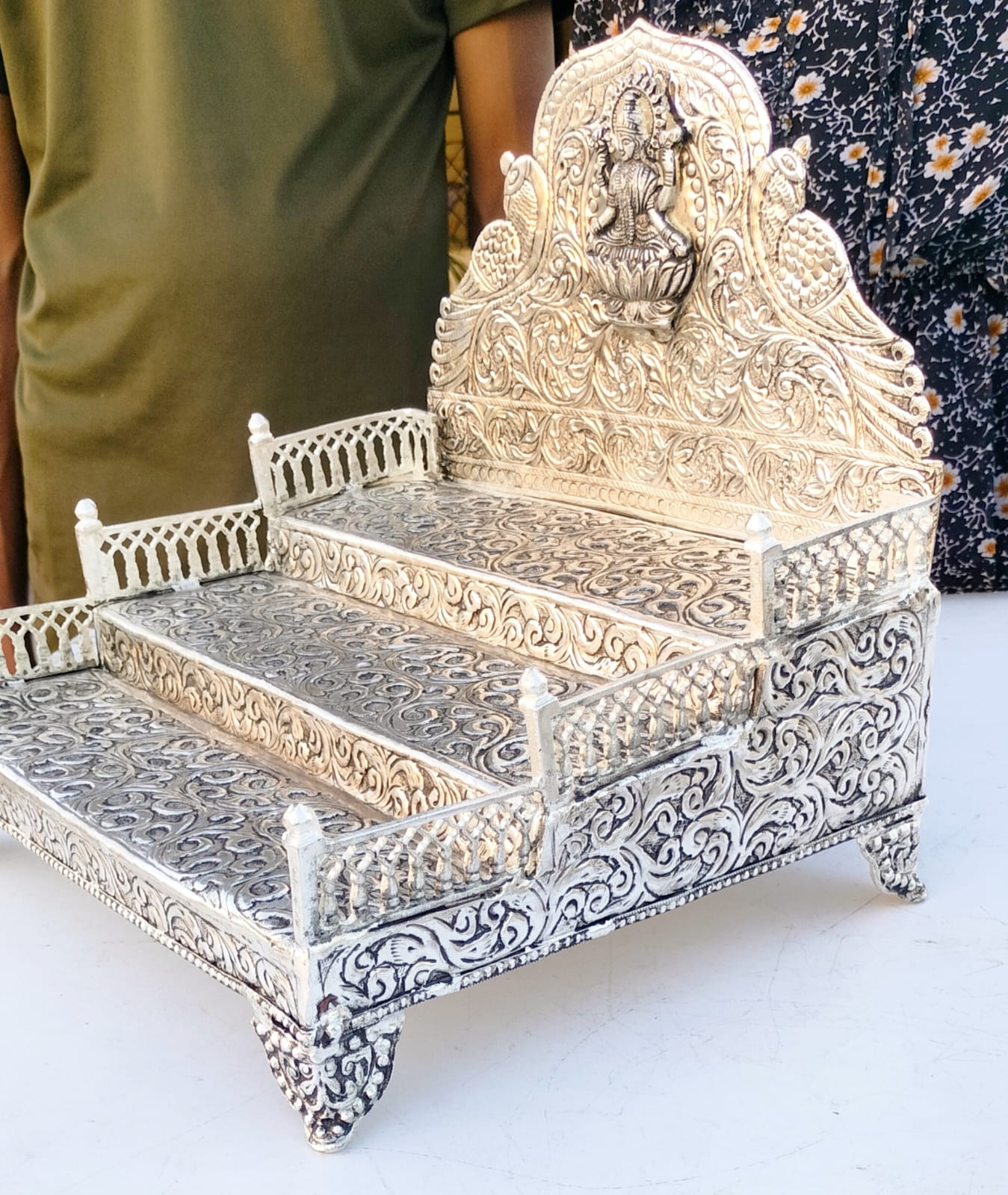 German Silver Laxmi 3 Step Sing Hasan with Railing Fully Carved for Many Idols Ideal