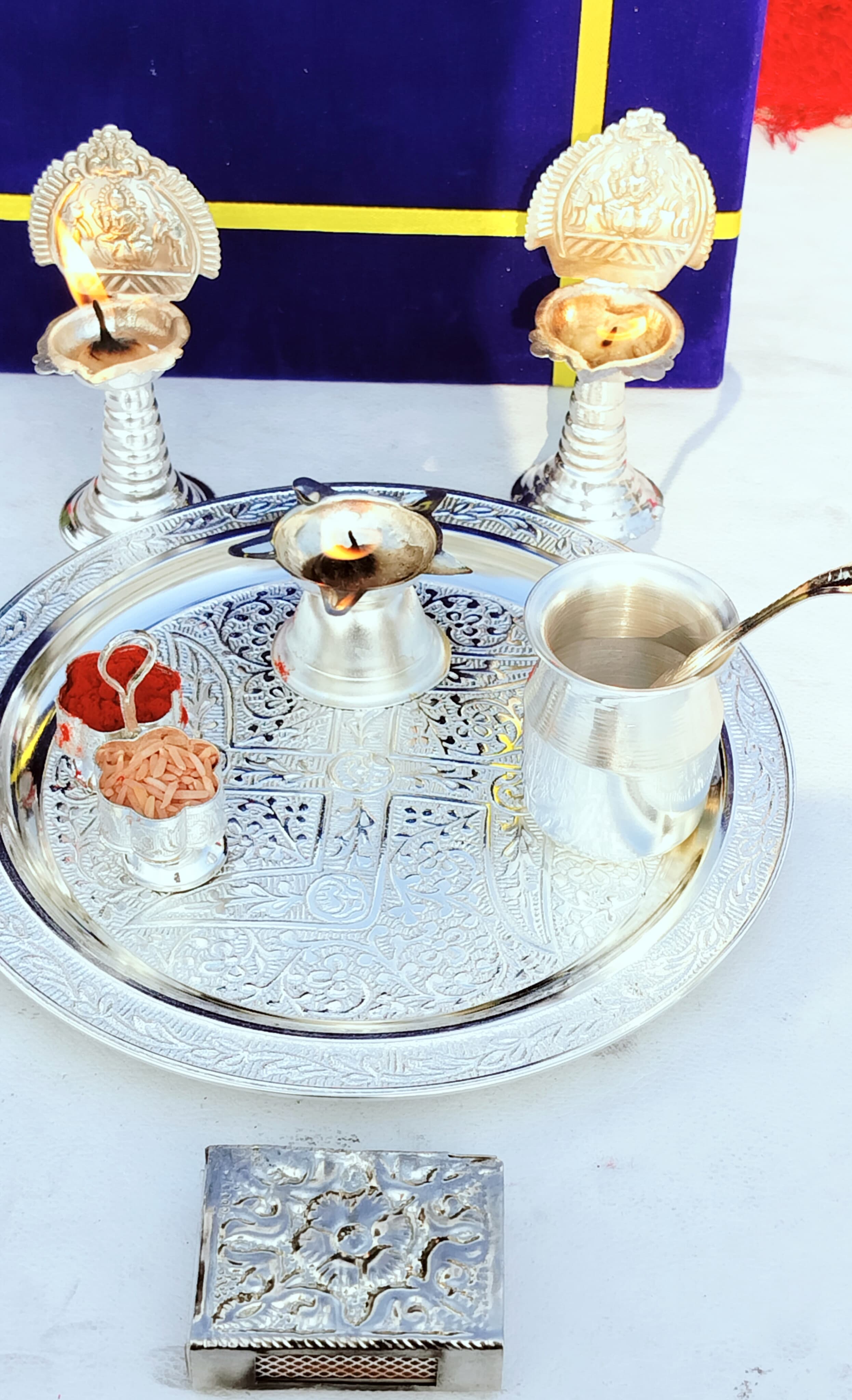 German Silver Pooja thali Set of 8 Pieces for Home Pooja/Diwali/Housewarming
