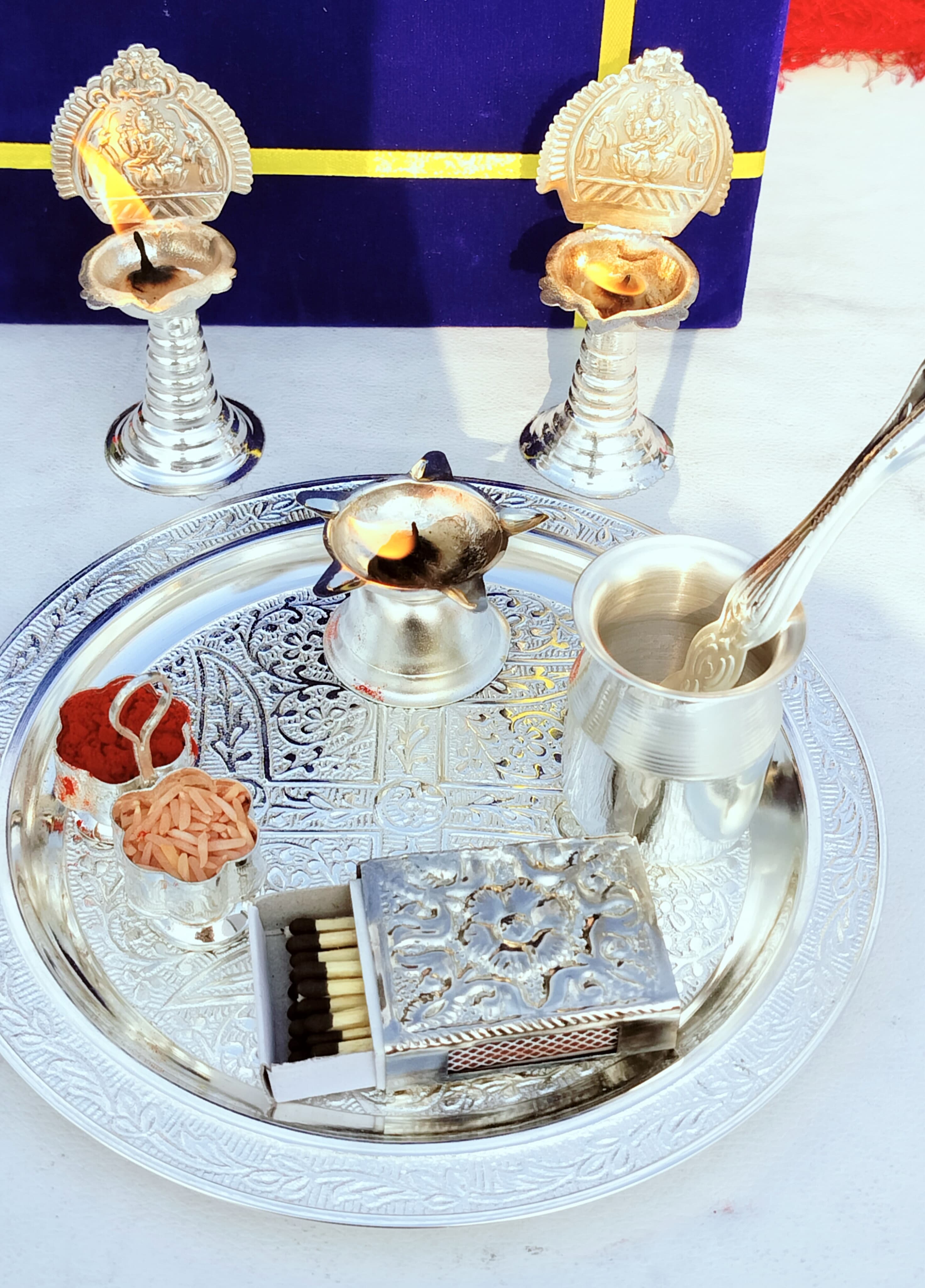 German Silver Pooja thali Set of 8 Pieces for Home Pooja/Diwali/Housewarming