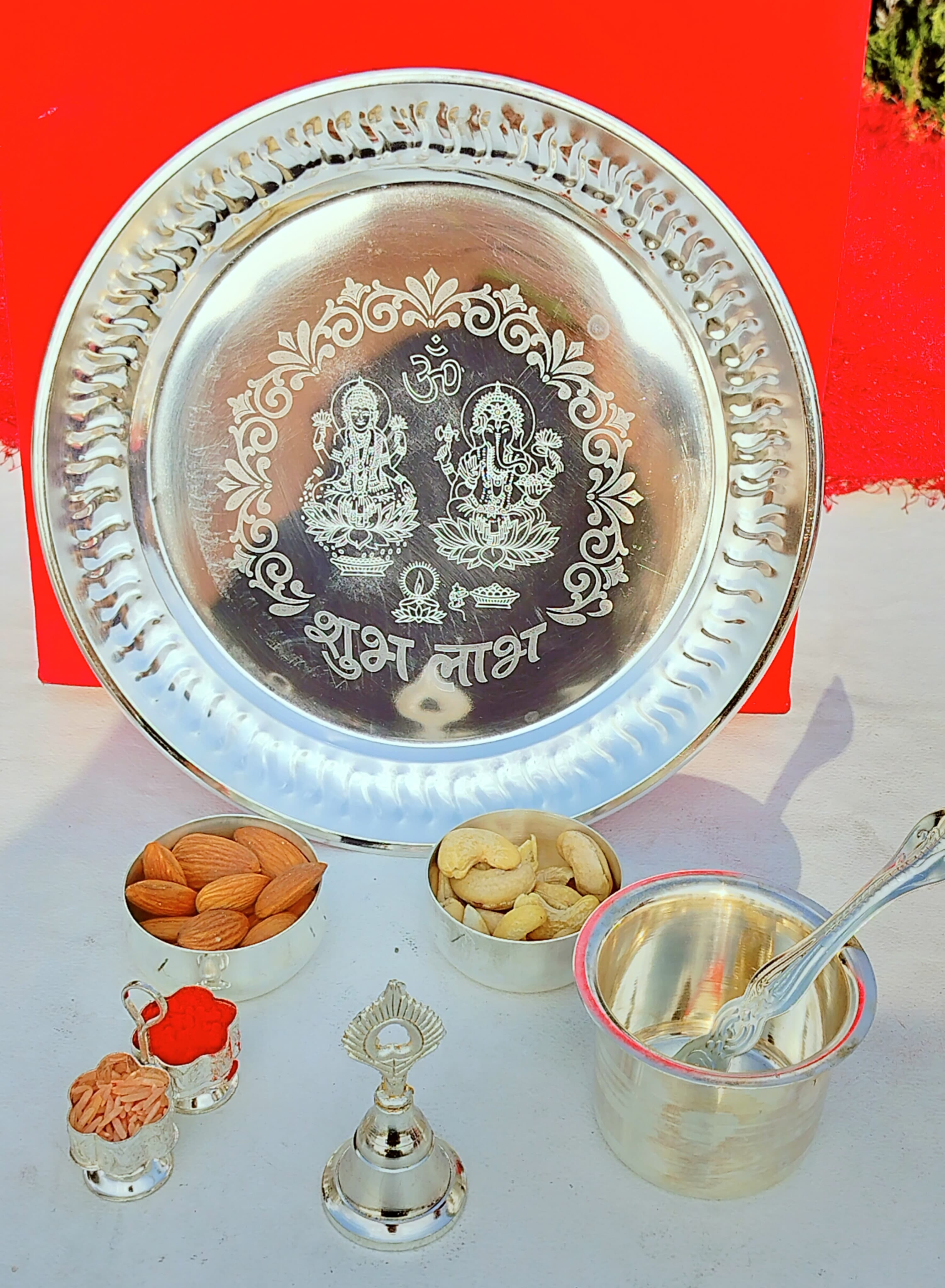 German Silver Laxmi Ganesh Engraved Pooja Set