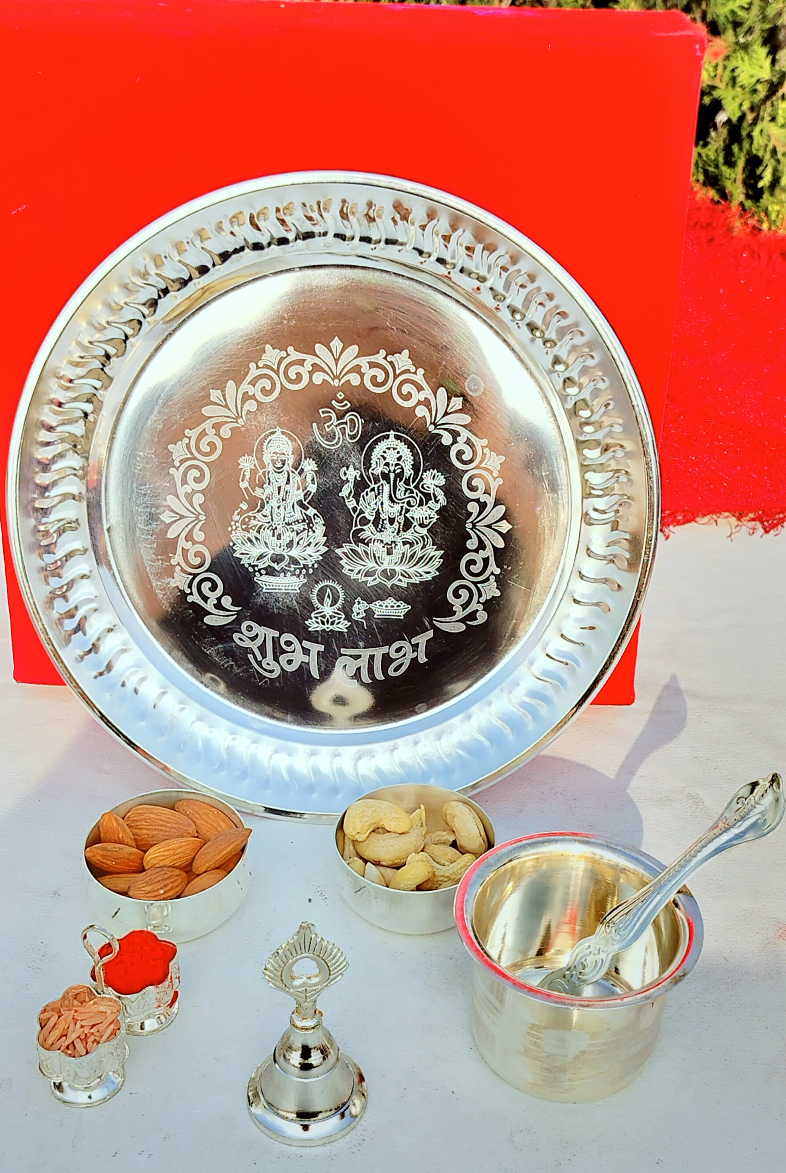 German Silver Laxmi Ganesh Engraved Pooja Set