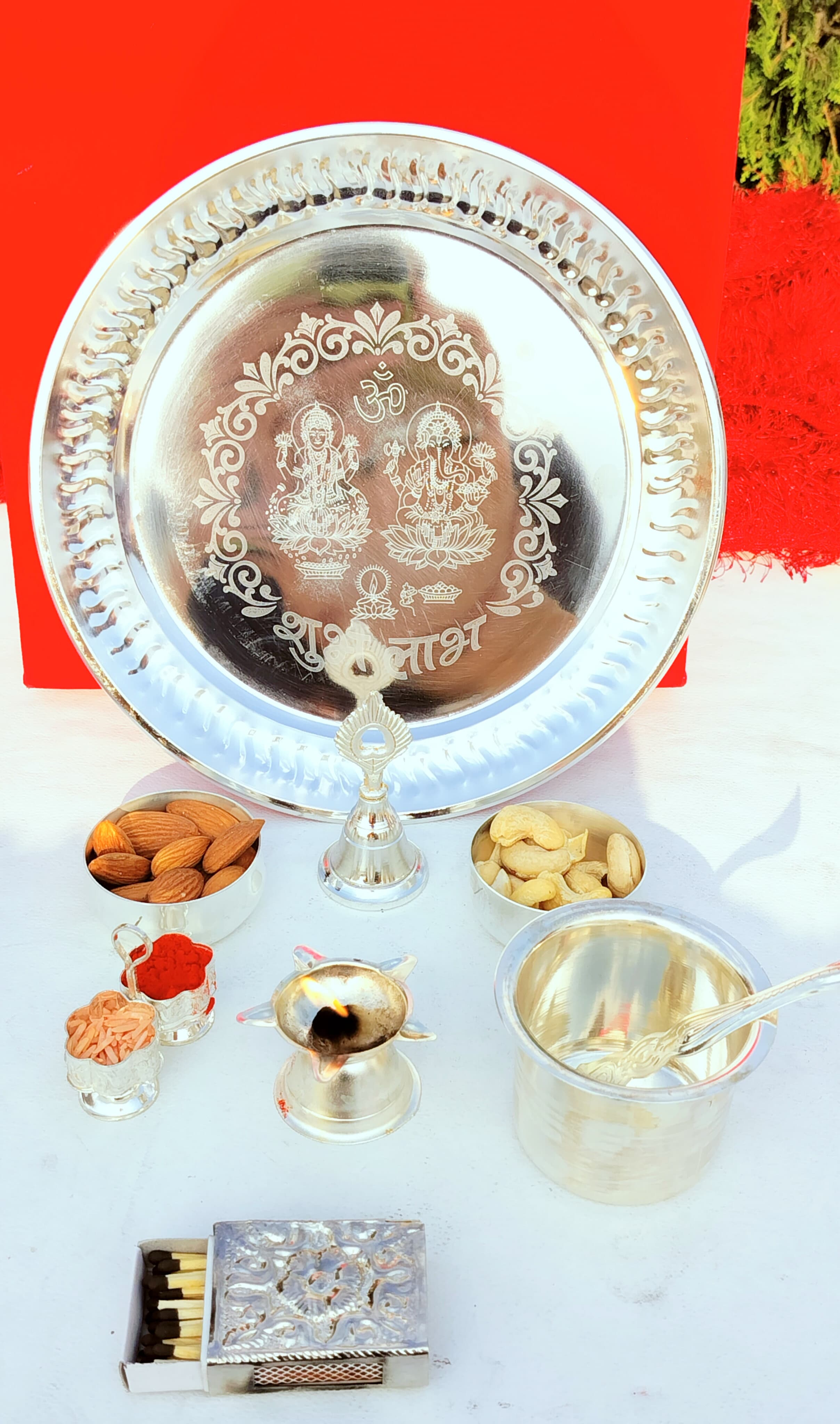 German Silver Laxmi Ganesh Engraved Pooja Set