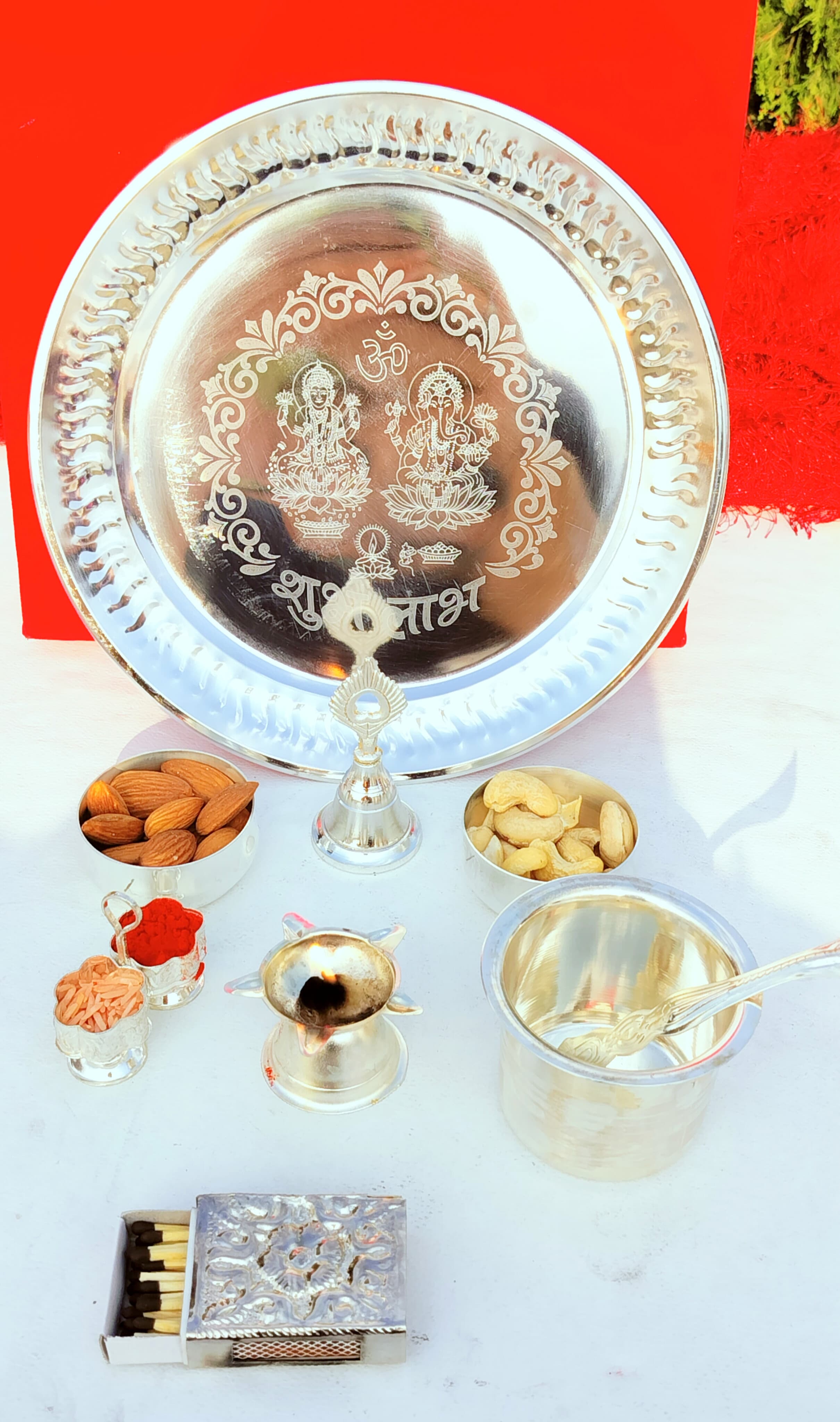 German Silver Laxmi Ganesh Engraved Pooja Set