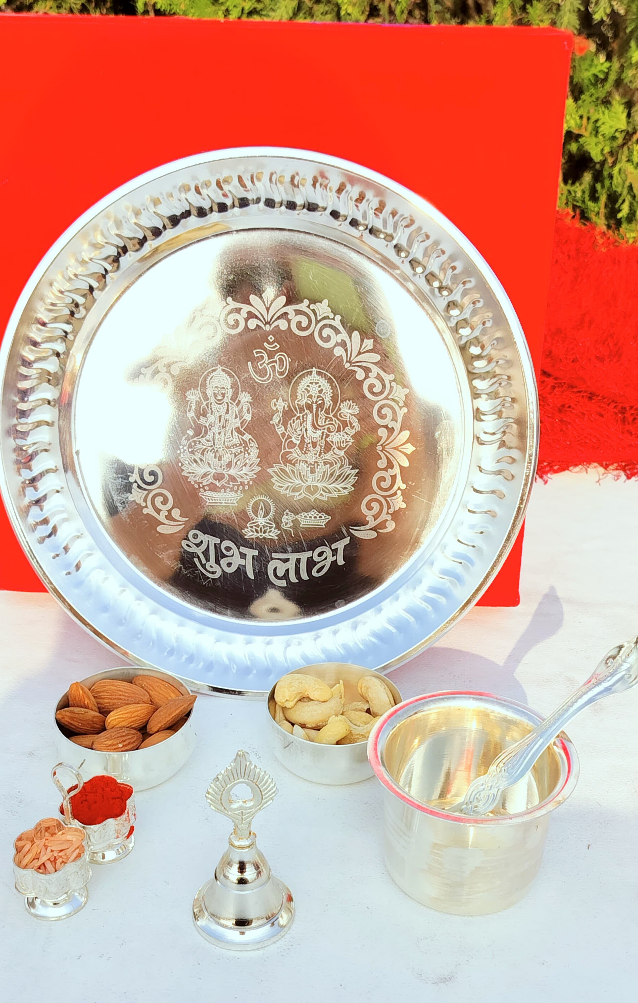 German Silver Laxmi Ganesh Engraved Pooja Set