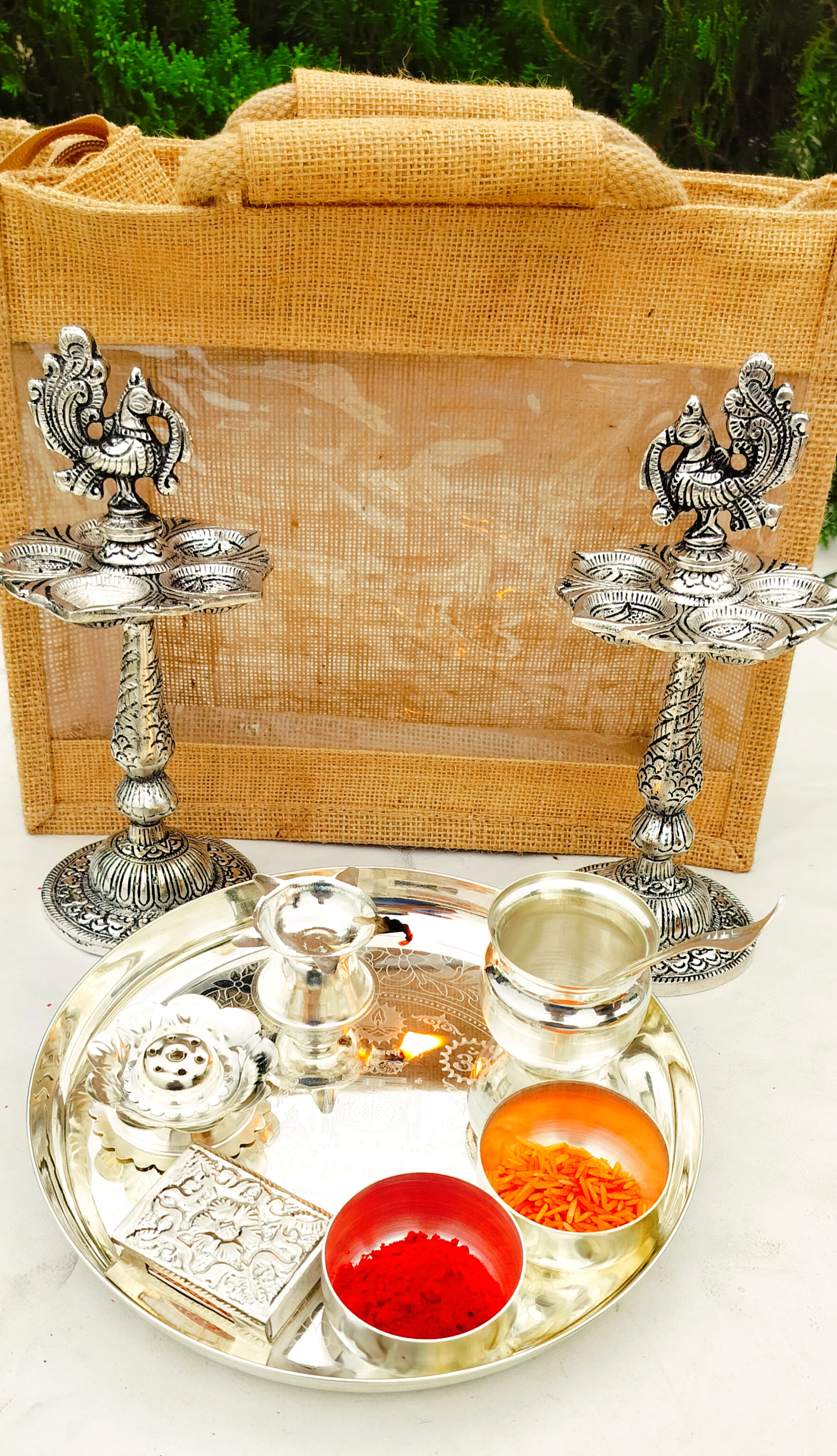 German Silver Pooja Set with Antique Peacock Diya Pair