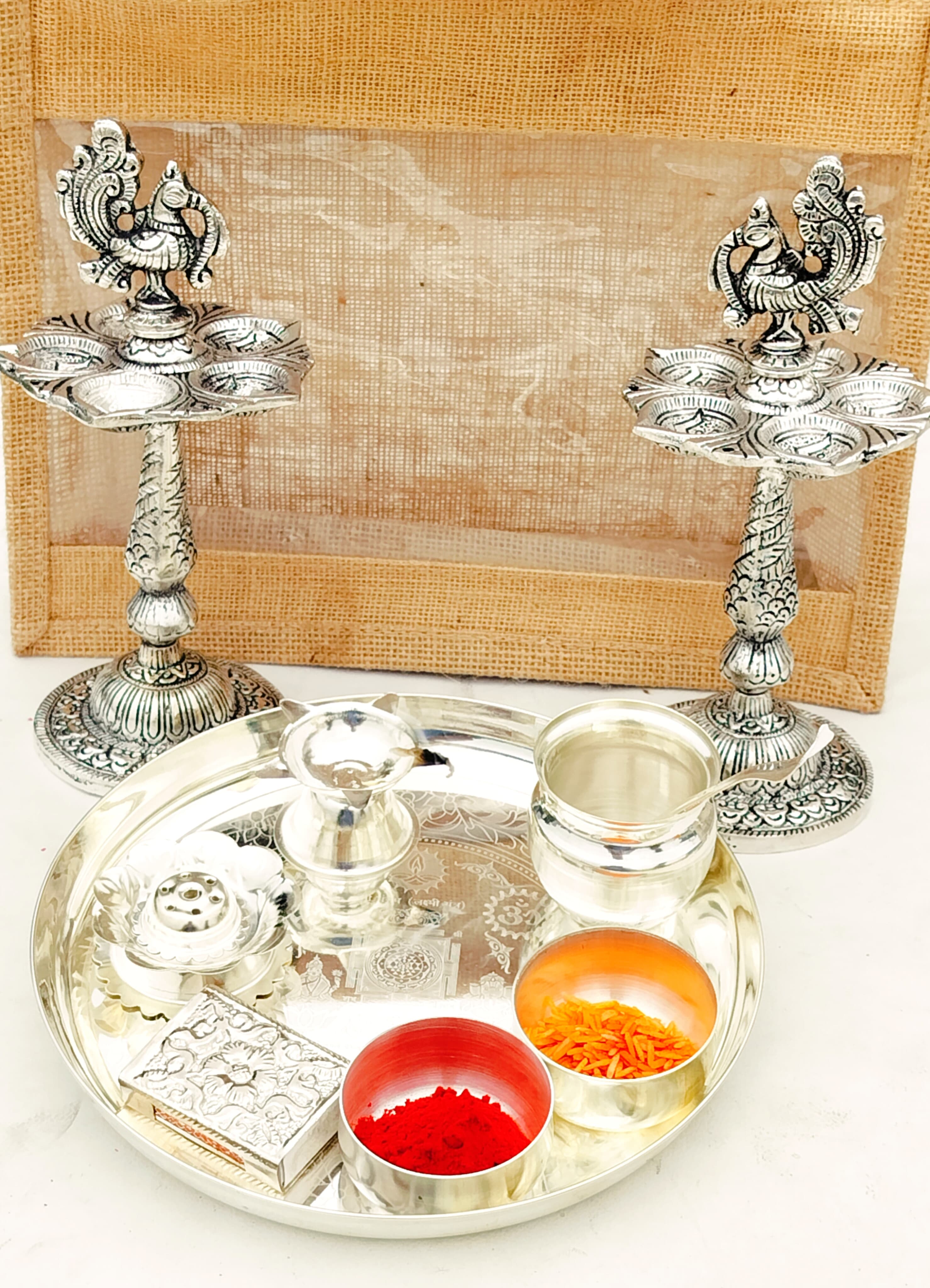 German Silver Pooja Set with Antique Peacock Diya Pair