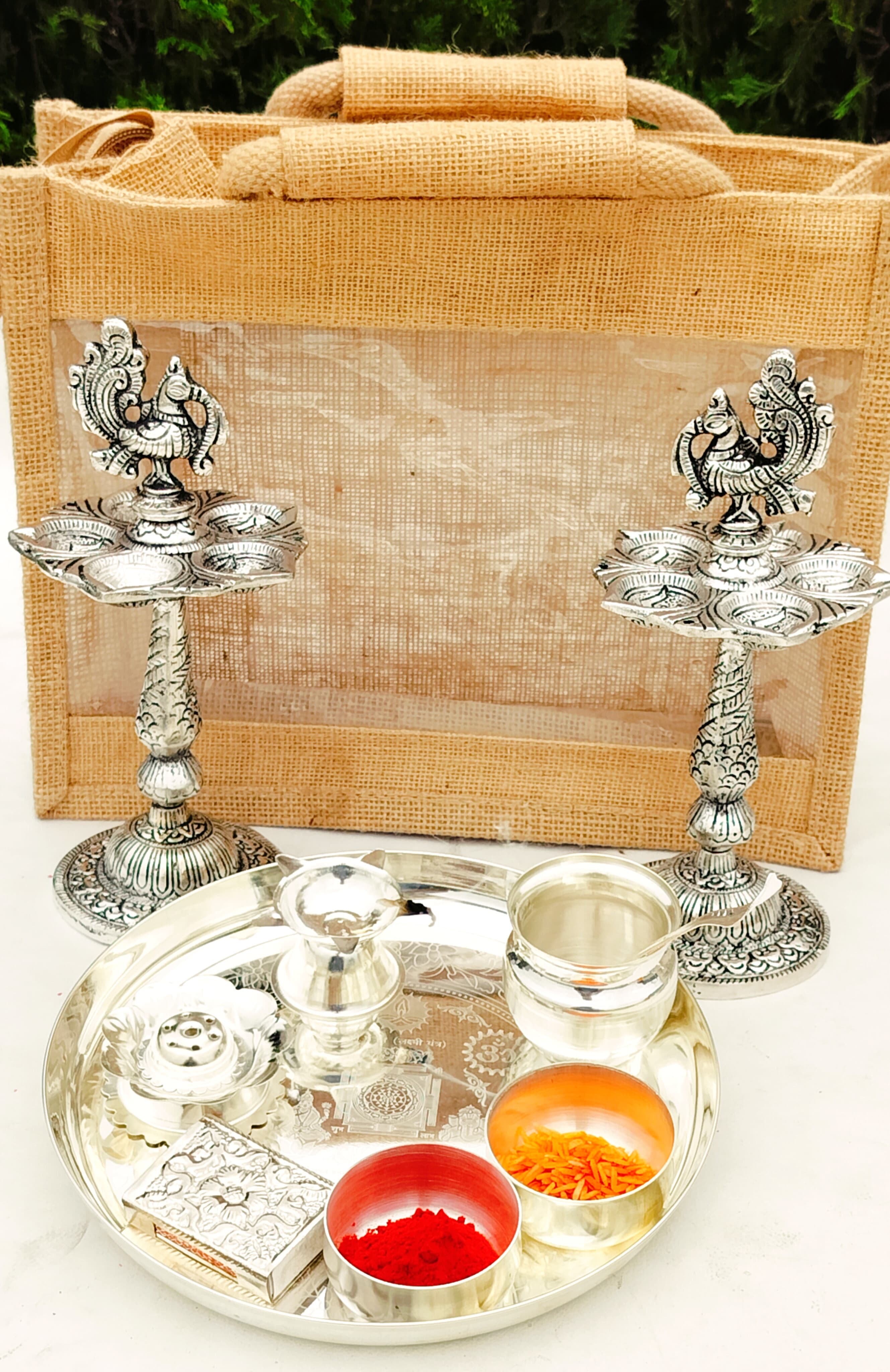 German Silver Pooja Set with Antique Peacock Diya Pair