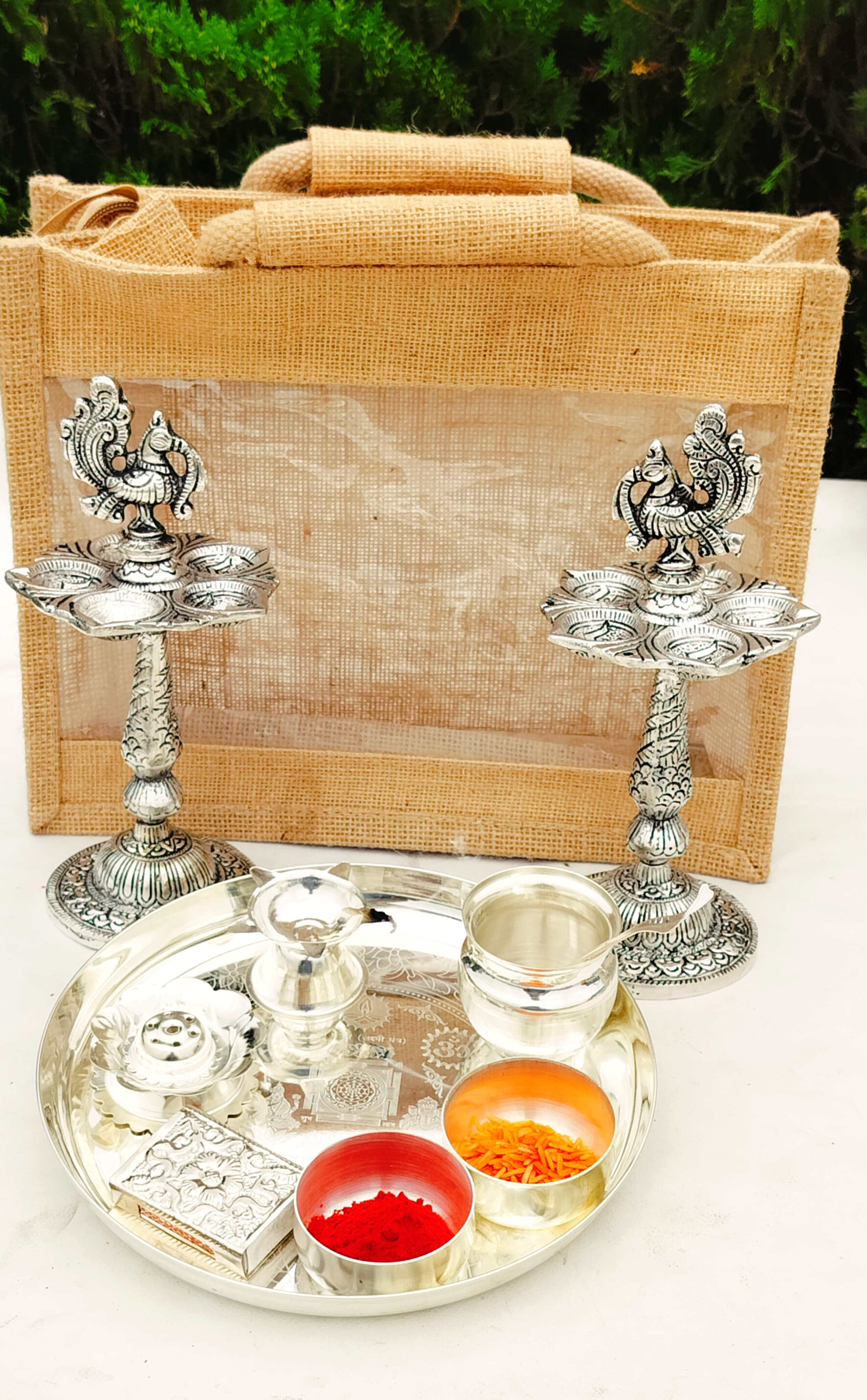 German Silver Pooja Set with Antique Peacock Diya Pair