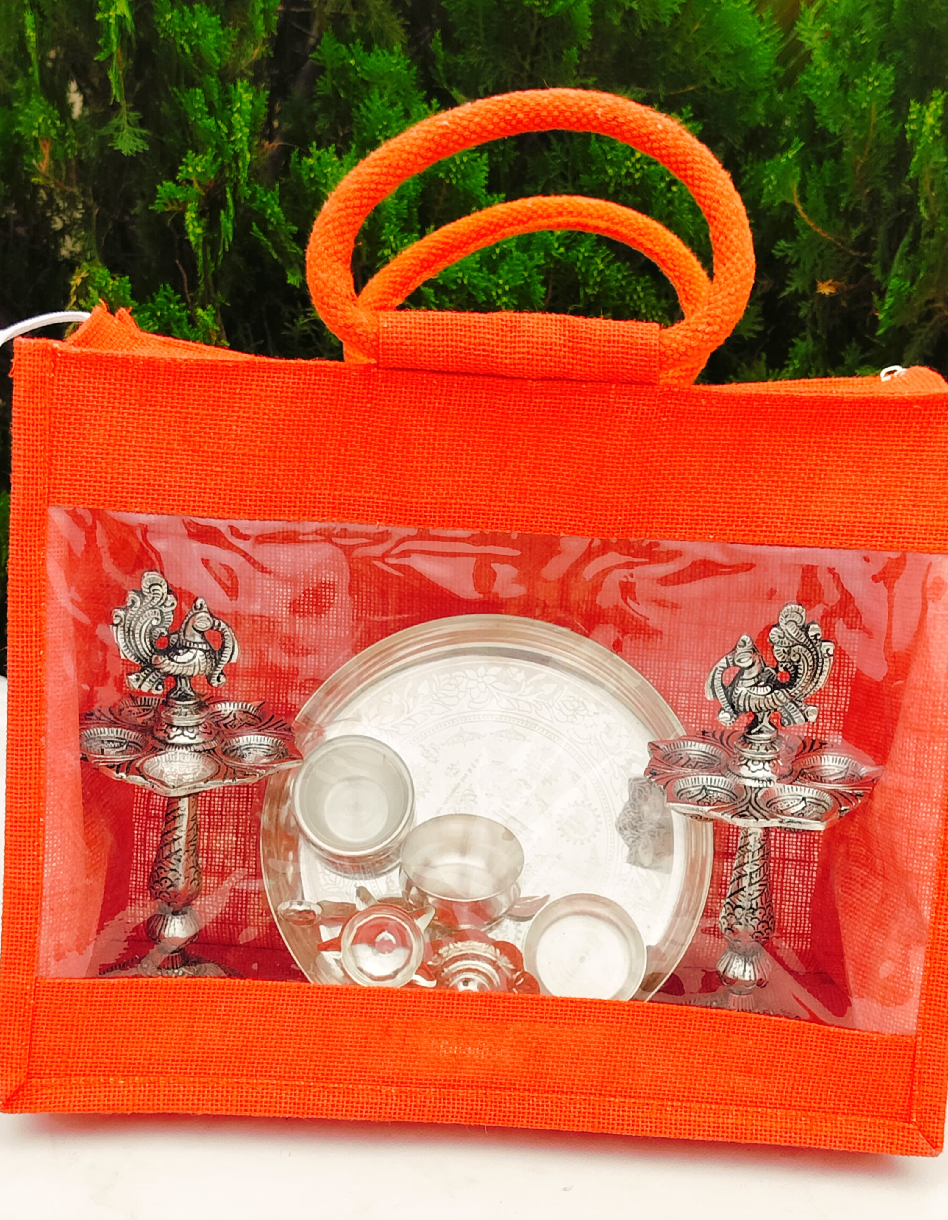 German Silver Pooja Set with Antique Peacock Diya Pair