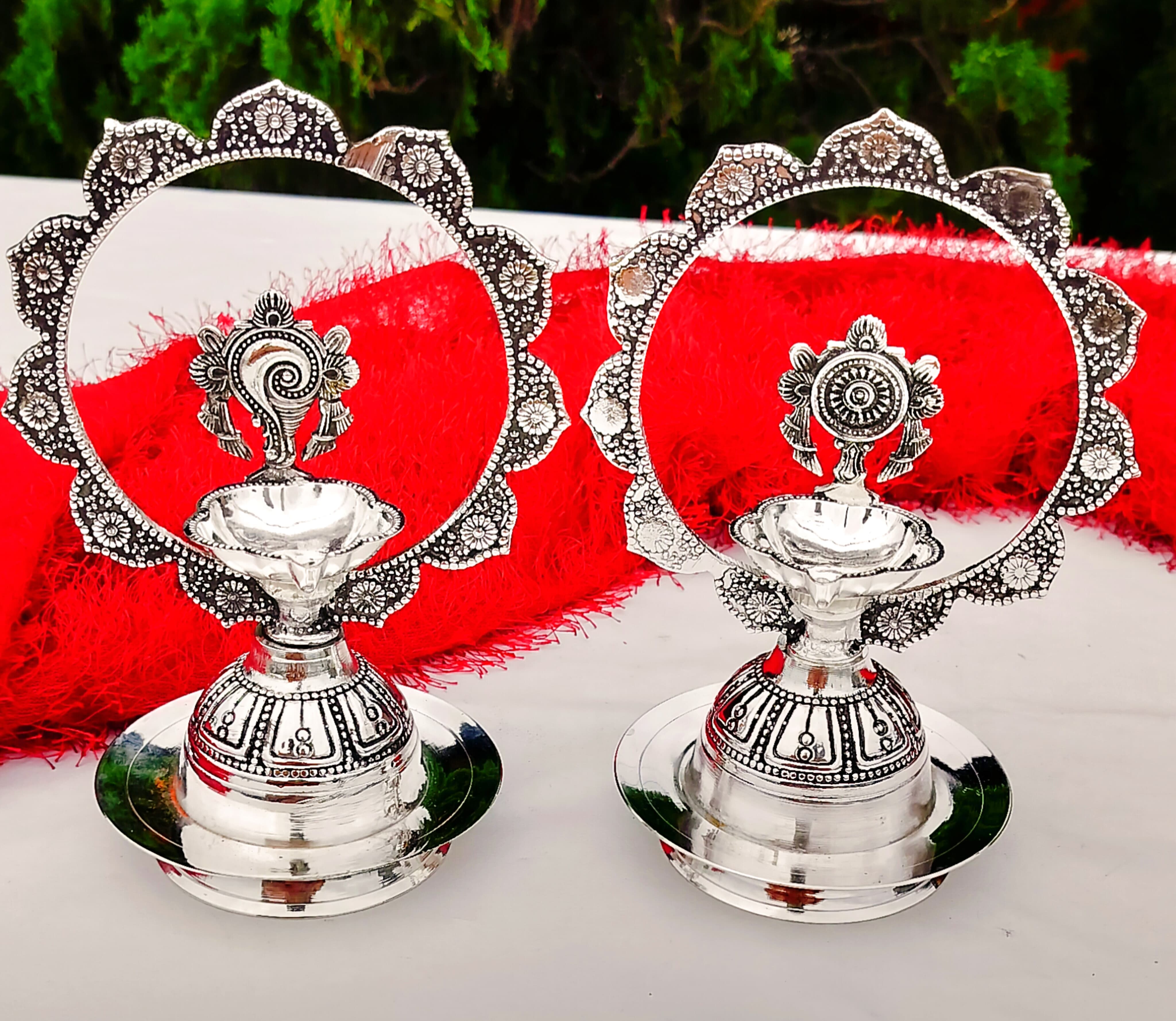 Antique German Silver shanku Chakra Diya Pair for Diwali/ Gift Item