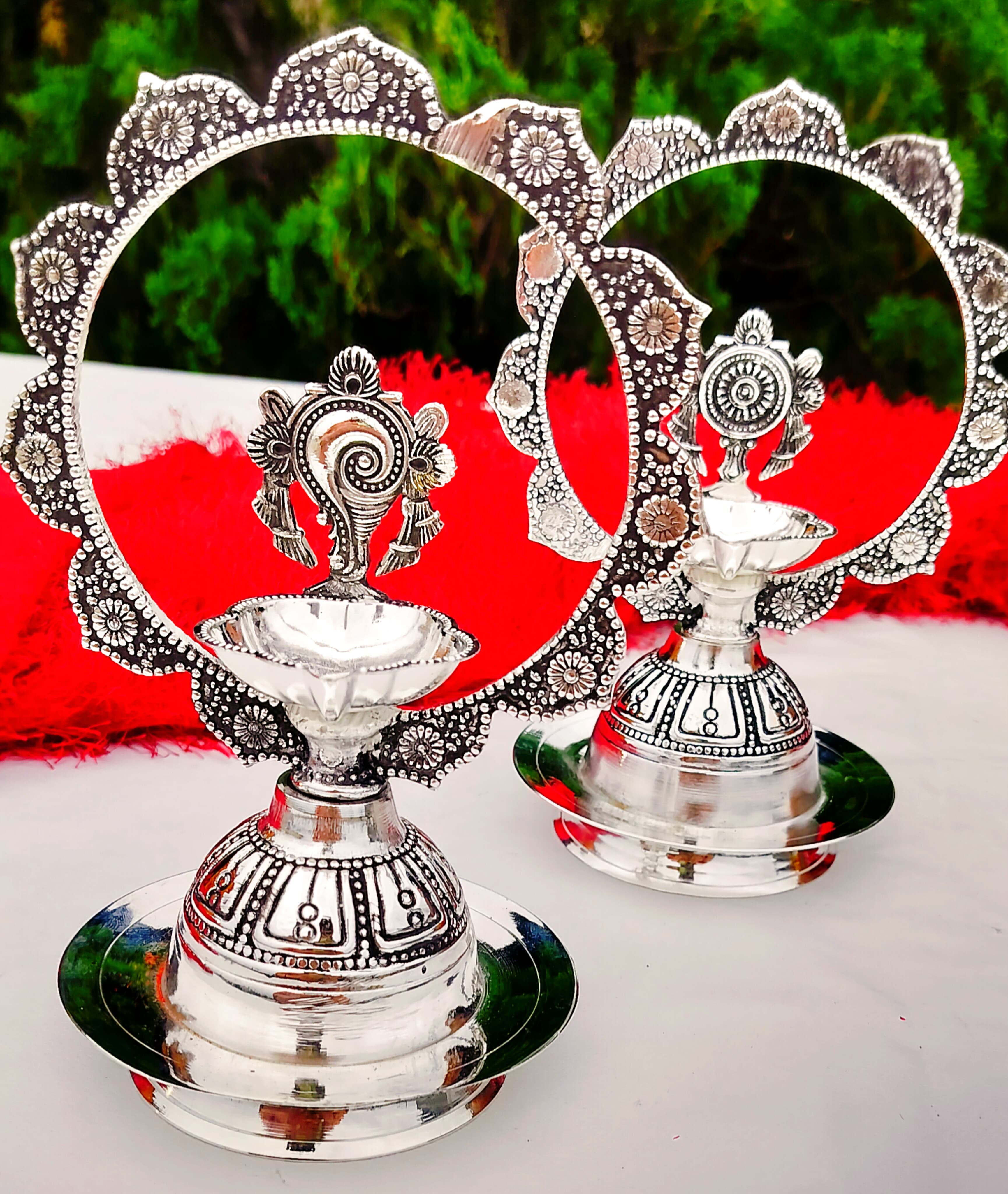 Antique German Silver shanku Chakra Diya Pair for Diwali/ Gift Item