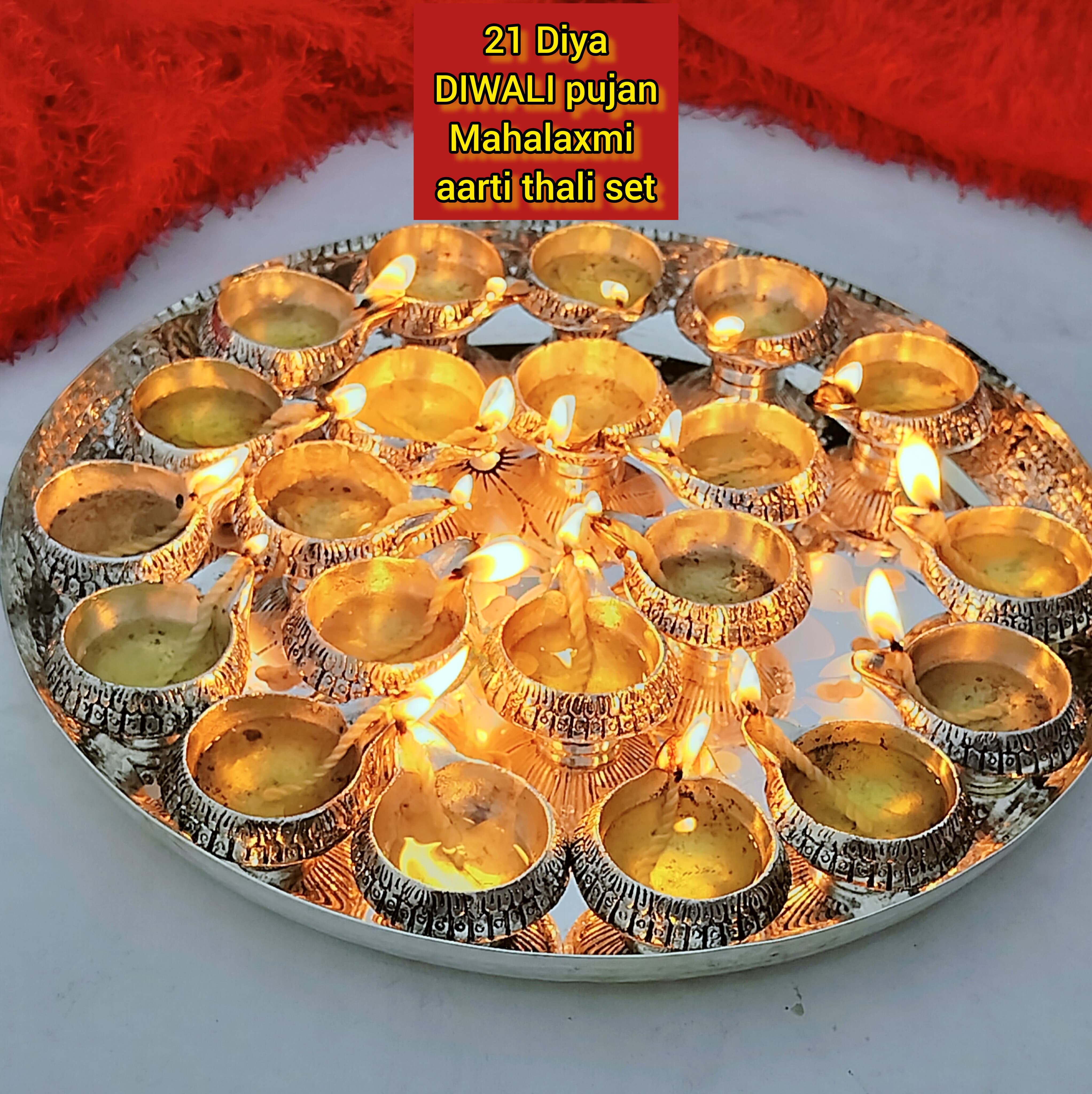 German Silver 21 Diya Diwali Puja MAHALAKSHMI aarti thali Set