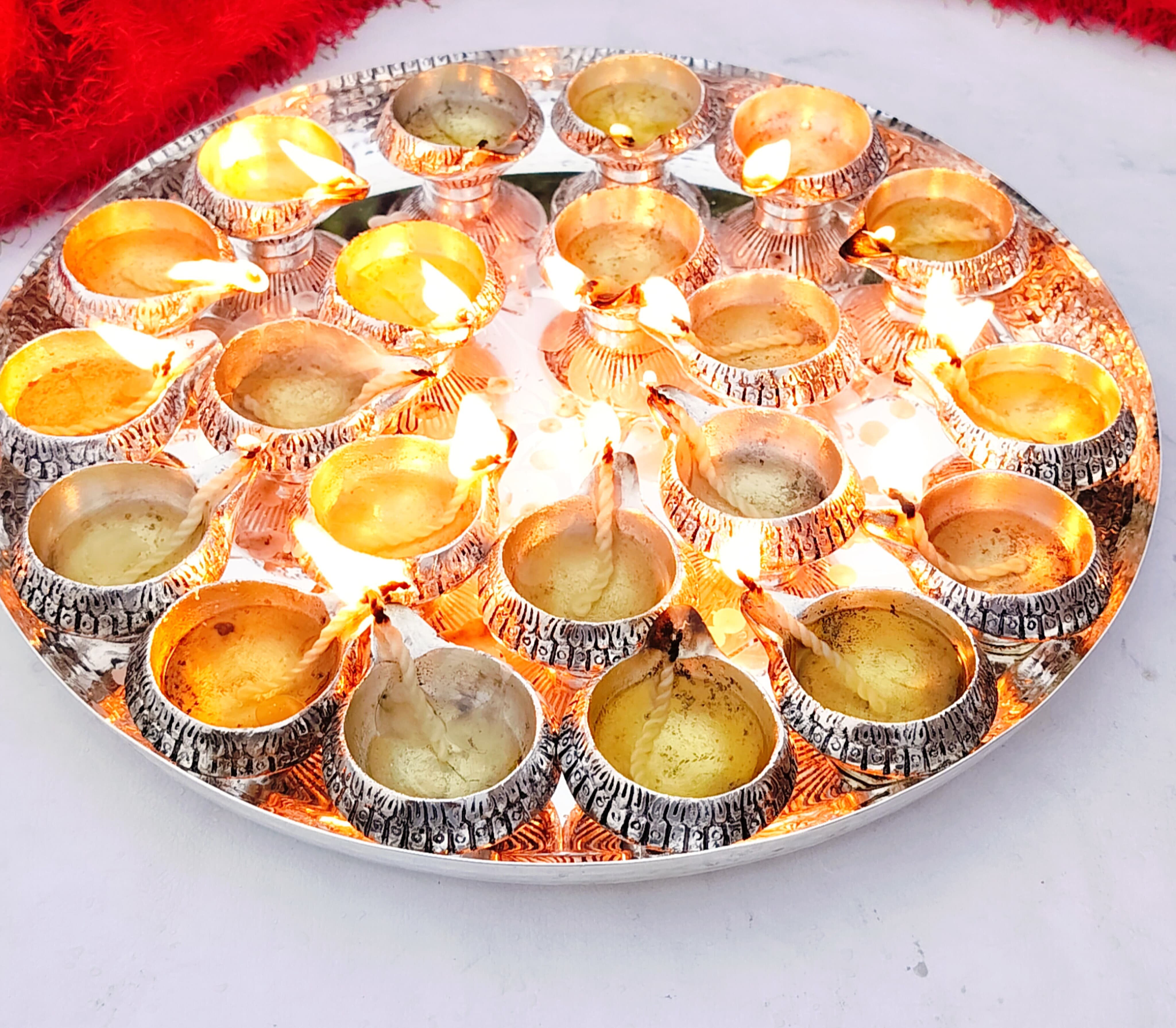 German Silver 21 Diya Diwali Puja MAHALAKSHMI aarti thali Set