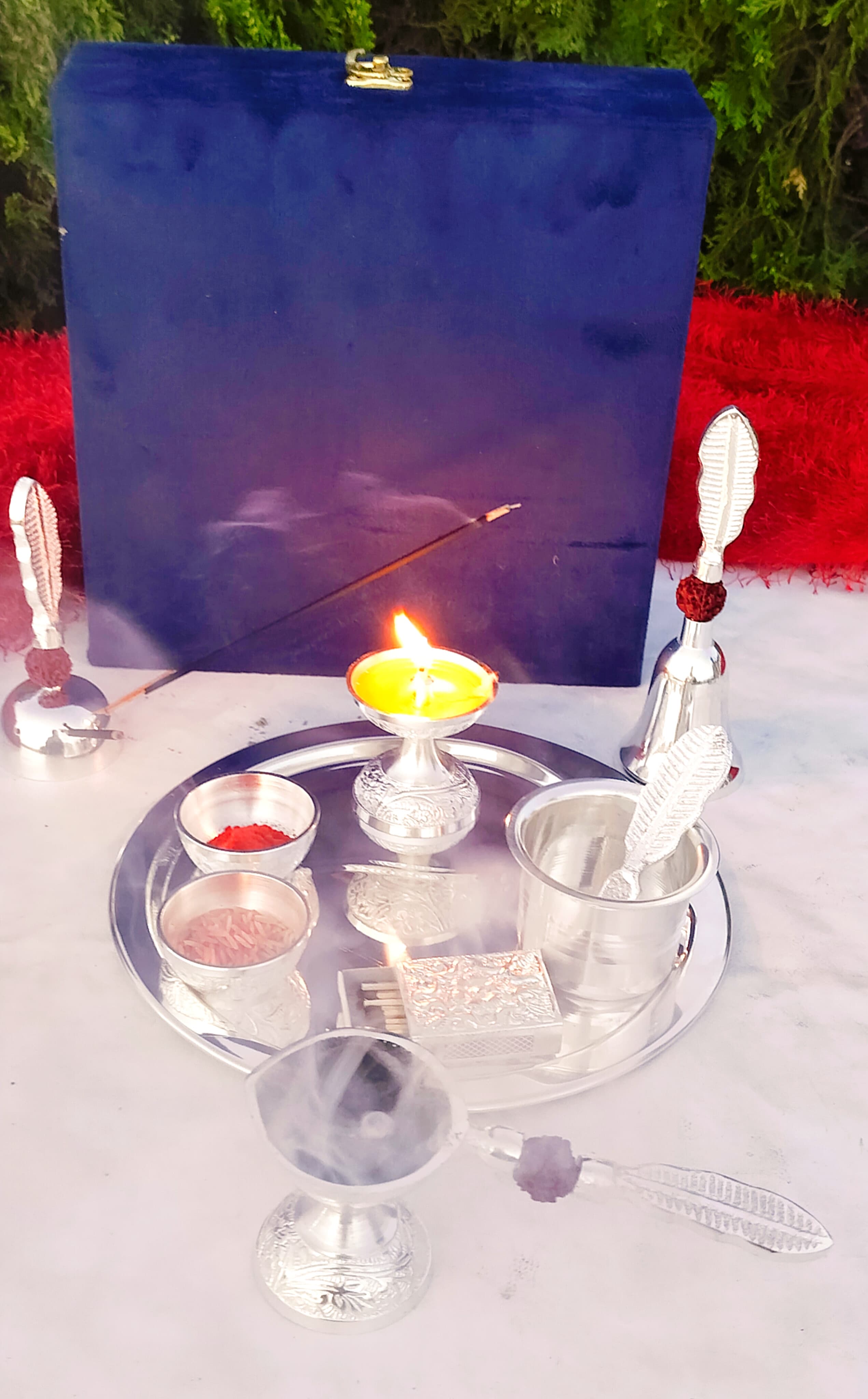 German Silver Rudraksha Pooja Set with om Design Thali