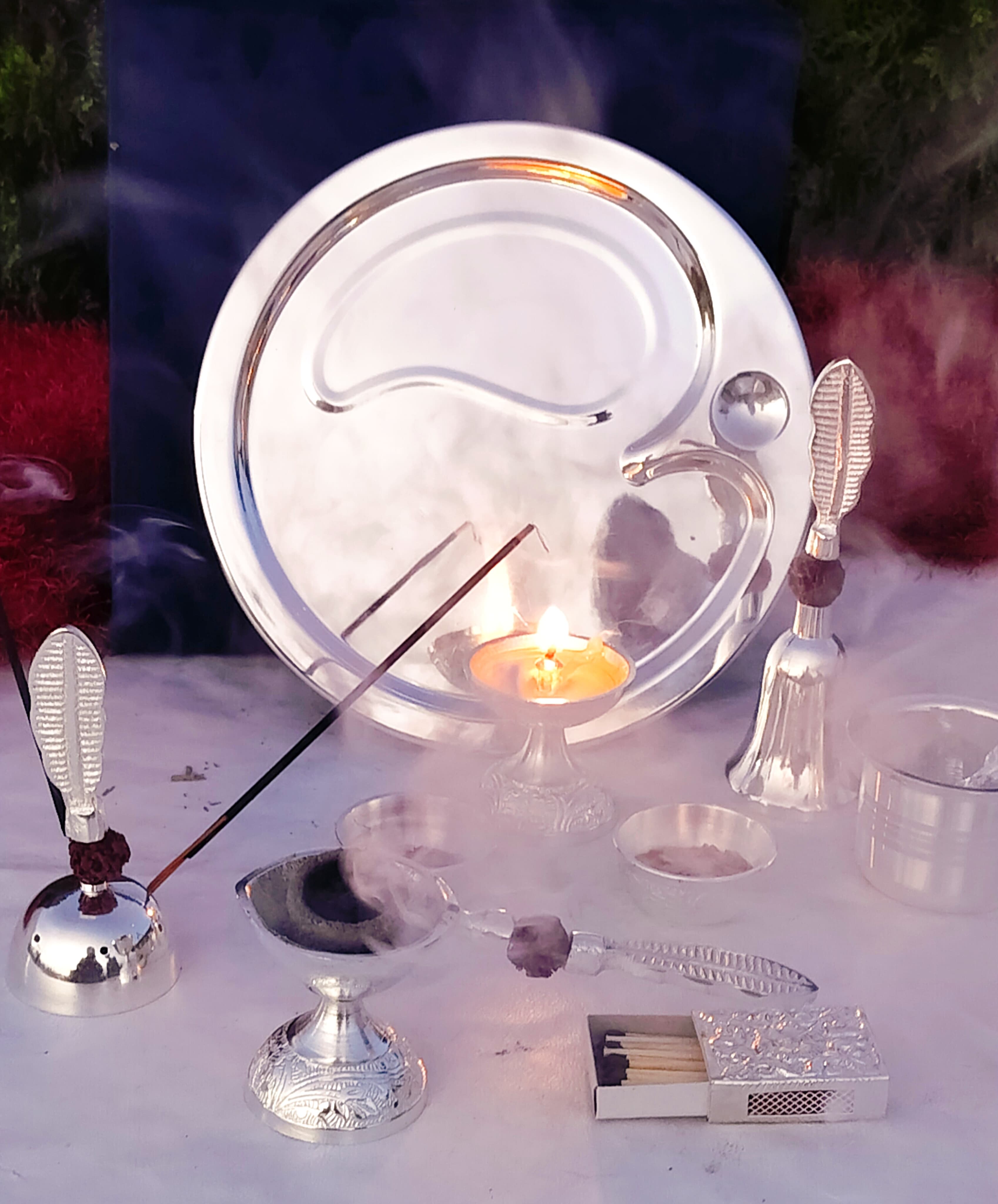 German Silver Rudraksha Pooja Set with om Design Thali