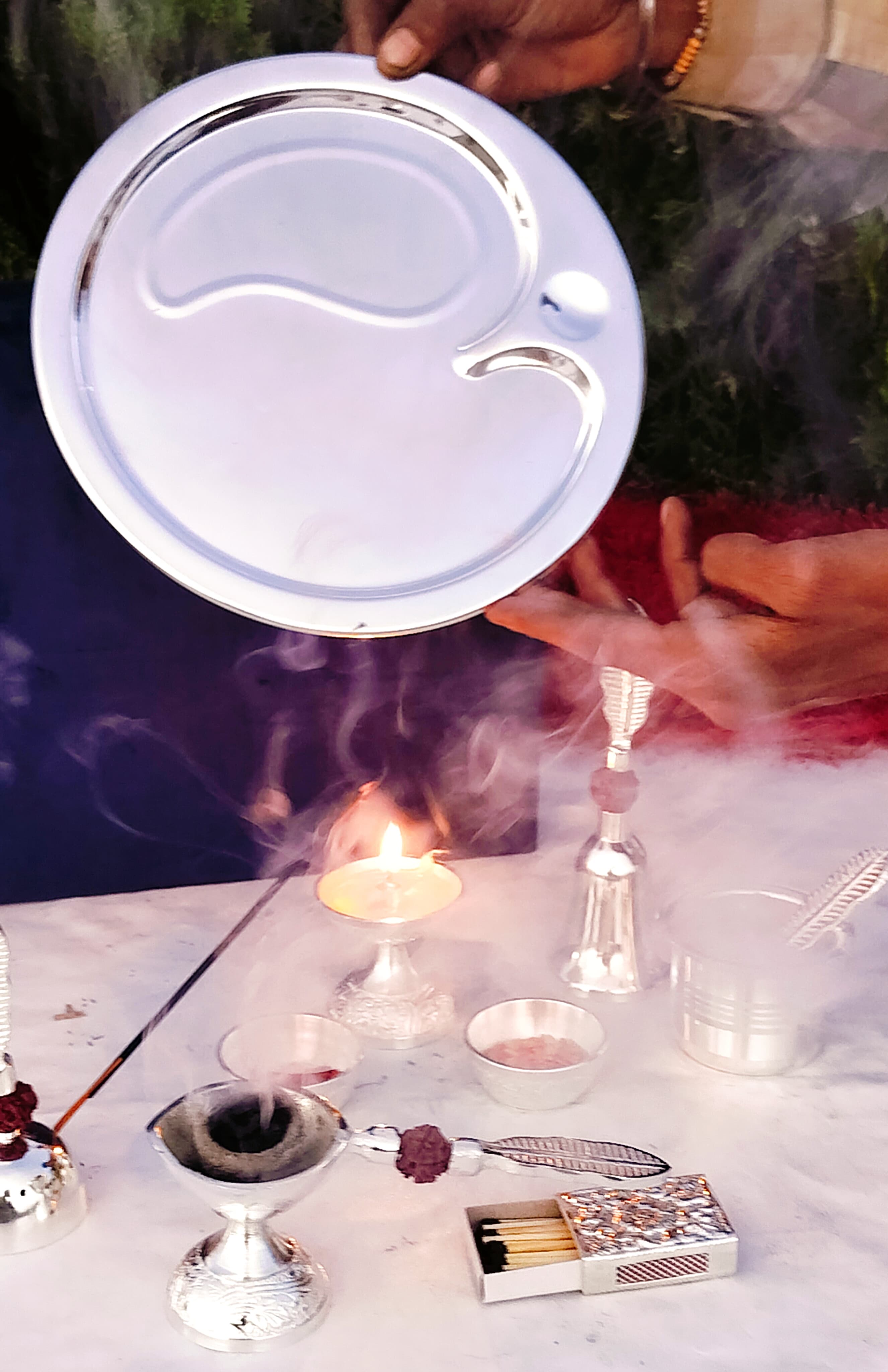 German Silver Rudraksha Pooja Set with om Design Thali