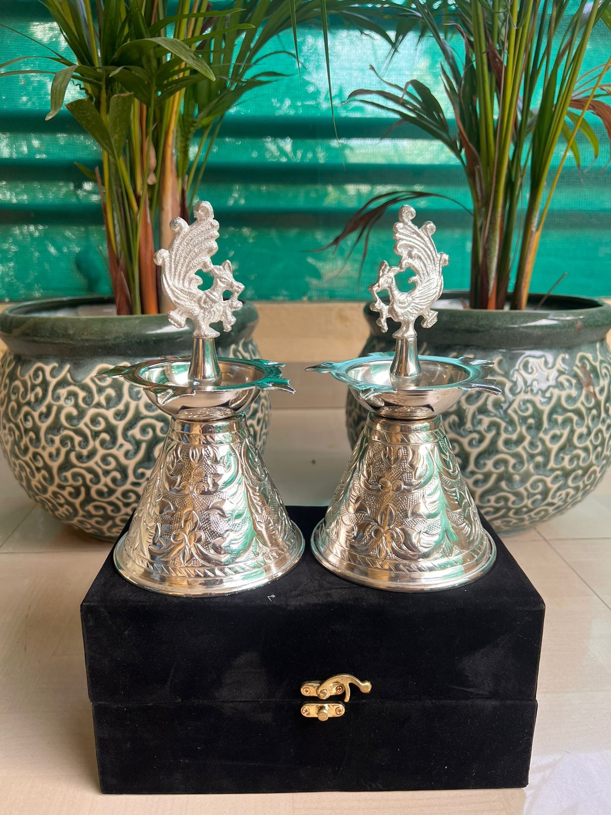 German Silver Shiny Peacock deepams Set for Home décor/ Diwali/ Housewarming Pooja