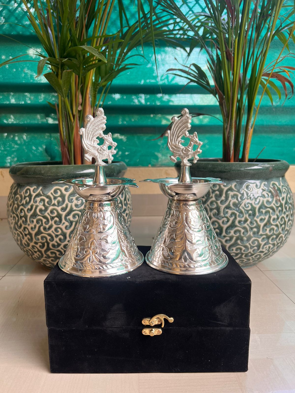 German Silver Shiny Peacock deepams Set for Home décor/ Diwali/ Housewarming Pooja