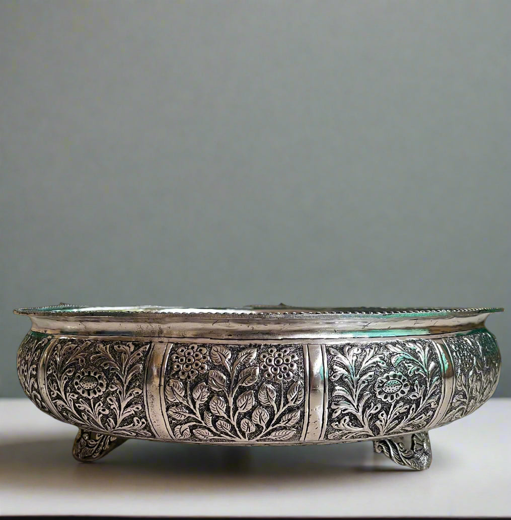 Antique finish German silver fully carved urli bowl for home decor