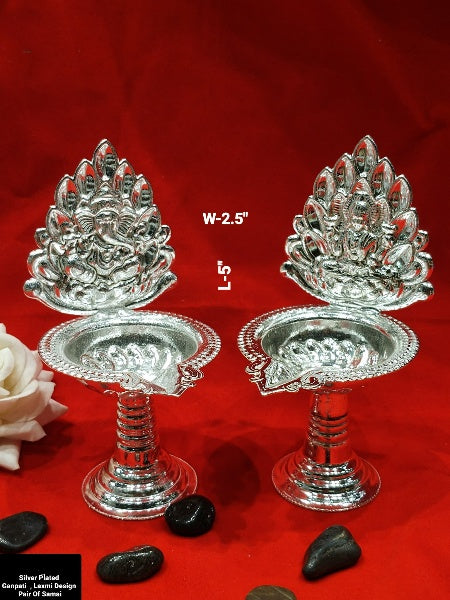 German Silver Lakshmi and Ganesha Diya Set for Diwali/ Housewarming