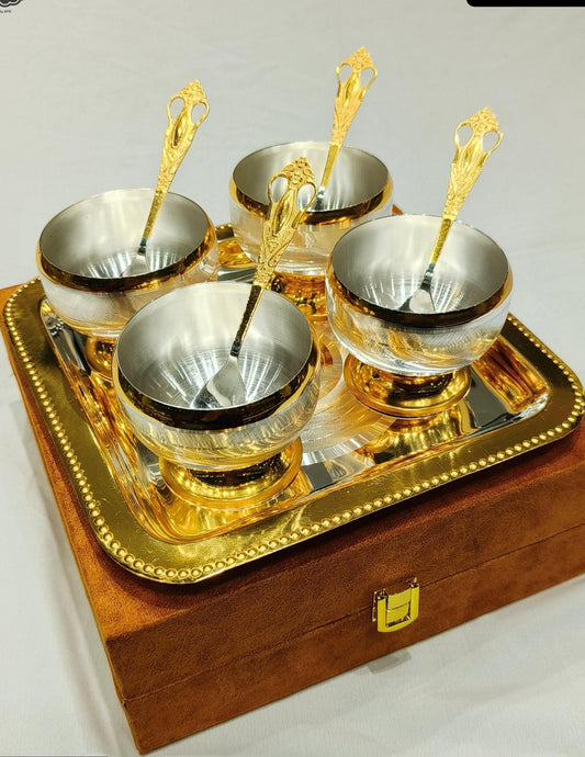 Silver plated ice cream bowl set with tray and spoons