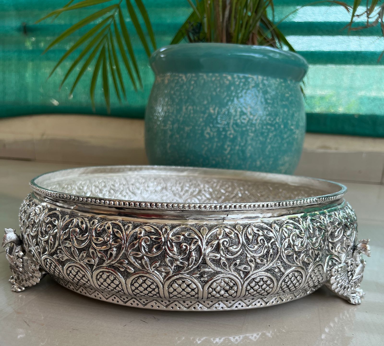 german silver Flying peacocks legs Urli