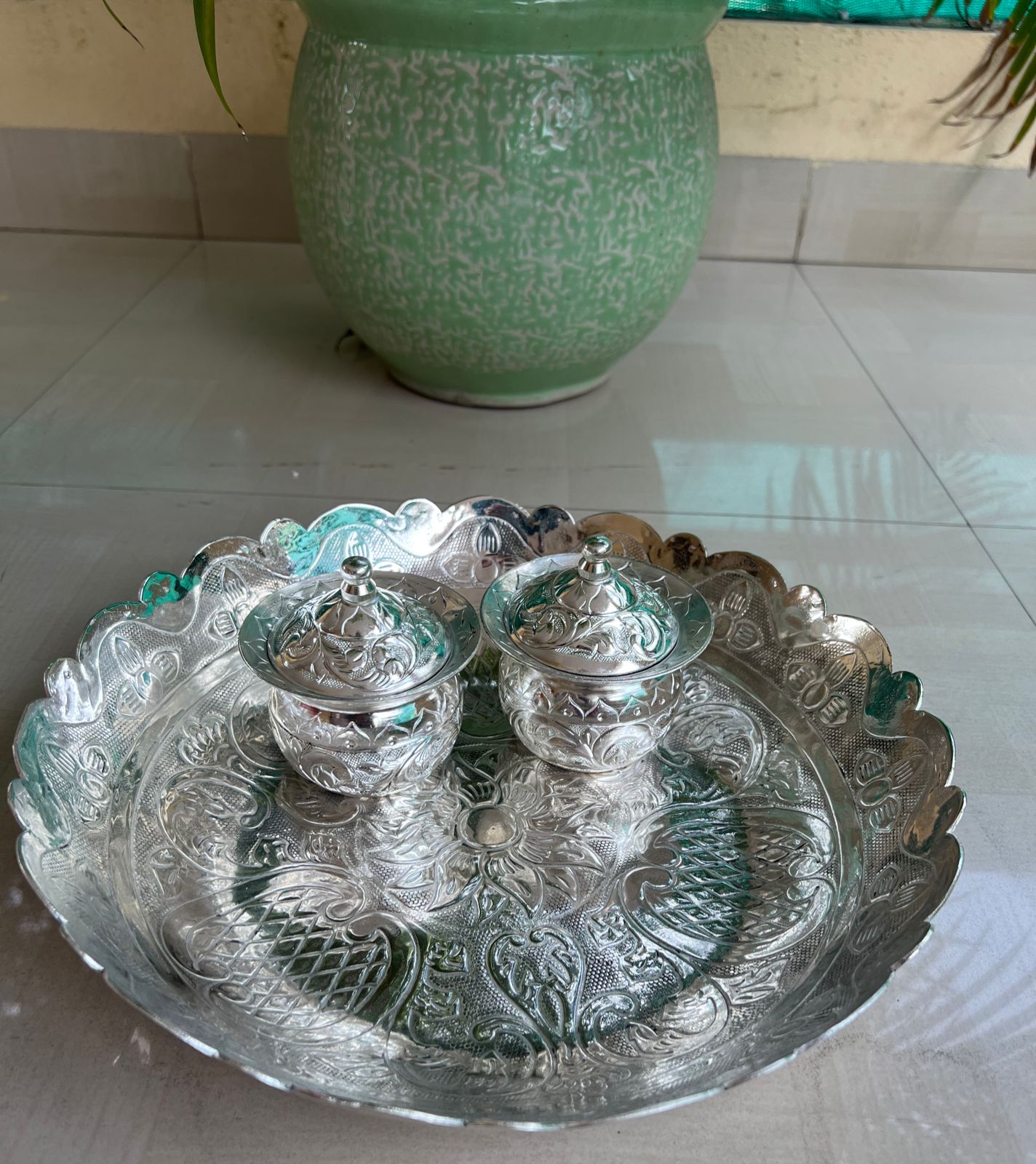 german silver Round platter with 2 handi bowls