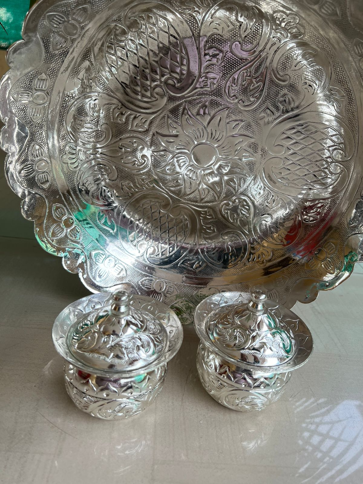 german silver Round platter with 2 handi bowls