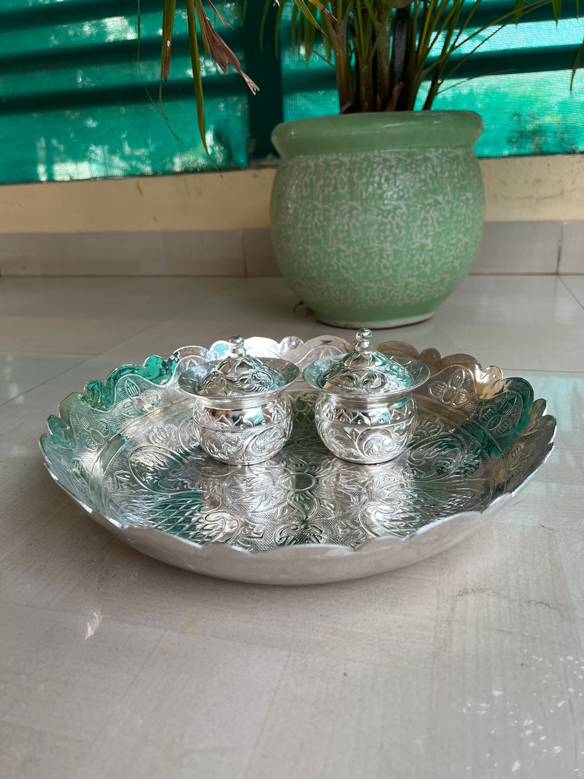 german silver Round platter with 2 handi bowls