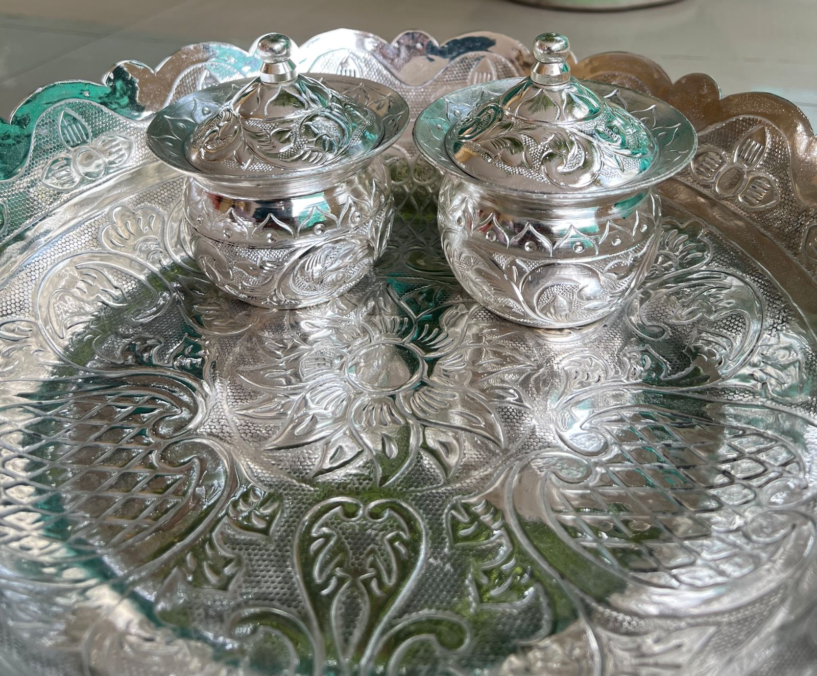 german silver Round platter with 2 handi bowls